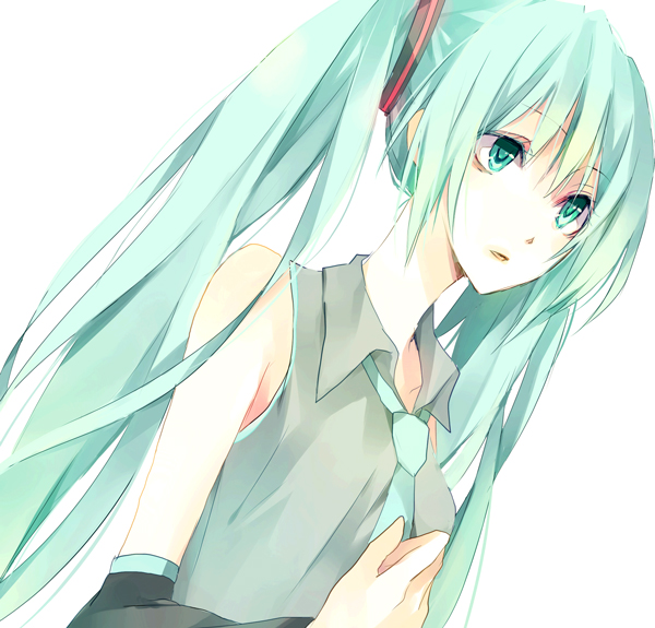 yuzuki karu, hatsune miku, vocaloid, 1girl, aqua eyes, female focus, green hair, simple background, solo, twintails, white background