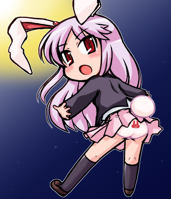 tachikawa, reisen udongein inaba, touhou, light purple hair, 1girl, :o, animal ears, animal print, ass, blazer, blush, breasts, chibi, female focus, from behind, full body, jacket, kneehighs, kneepits, leaning forward, legs apart, loafers, long hair, long sleeves, looking back, miniskirt, moon, night, night sky, open mouth, outdoors, outline, outstretched arms, panties, pantyshot, parted bangs, pleated skirt, print panties, purple hair, rabbit ears, rabbit girl, rabbit print, rabbit tail, red eyes, shoes, skirt, sky, small breasts, socks, solo, spread arms, surprised, tail, underwear, very long hair, white panties
