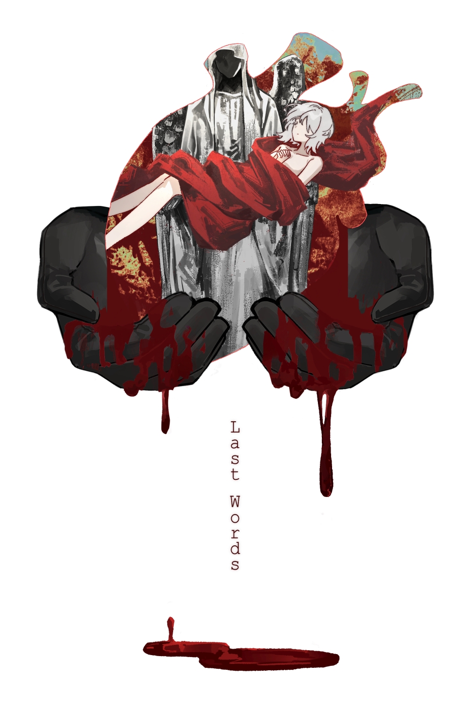 ivy (675671), dante (limbus company), faust (project moon), limbus company, pieta, project moon, chinese commentary, commentary request, highres, 1girl, 1other, angel wings, black gloves, blood, blood drip, blood on hands, dated commentary, fine art parody, full body, gloves, heart (organ), own hands clasped, own hands together, parody, red sheet, simple background, statue, white background, wings