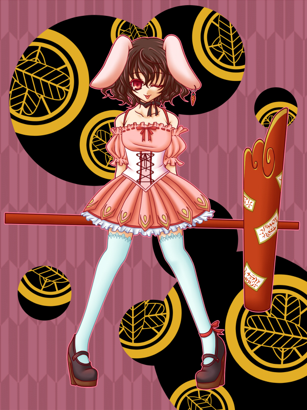 kisaragi you, inaba tewi, touhou, 1girl, :p, animal ears, brown hair, earrings, female focus, full body, hammer, jewelry, mary janes, rabbit ears, red eyes, shoes, short hair, solo, standing, thighhighs, tongue, tongue out, wink