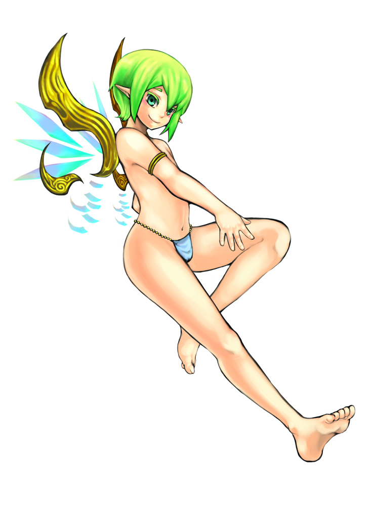 suparu (detteiu), original, artist request, bad id, bad pixiv id, 1boy, androgynous, barefoot, fairy, feet, green eyes, green hair, male focus, matching hair/eyes, no bra, pointy ears, short hair, smile, solo, trap, wings