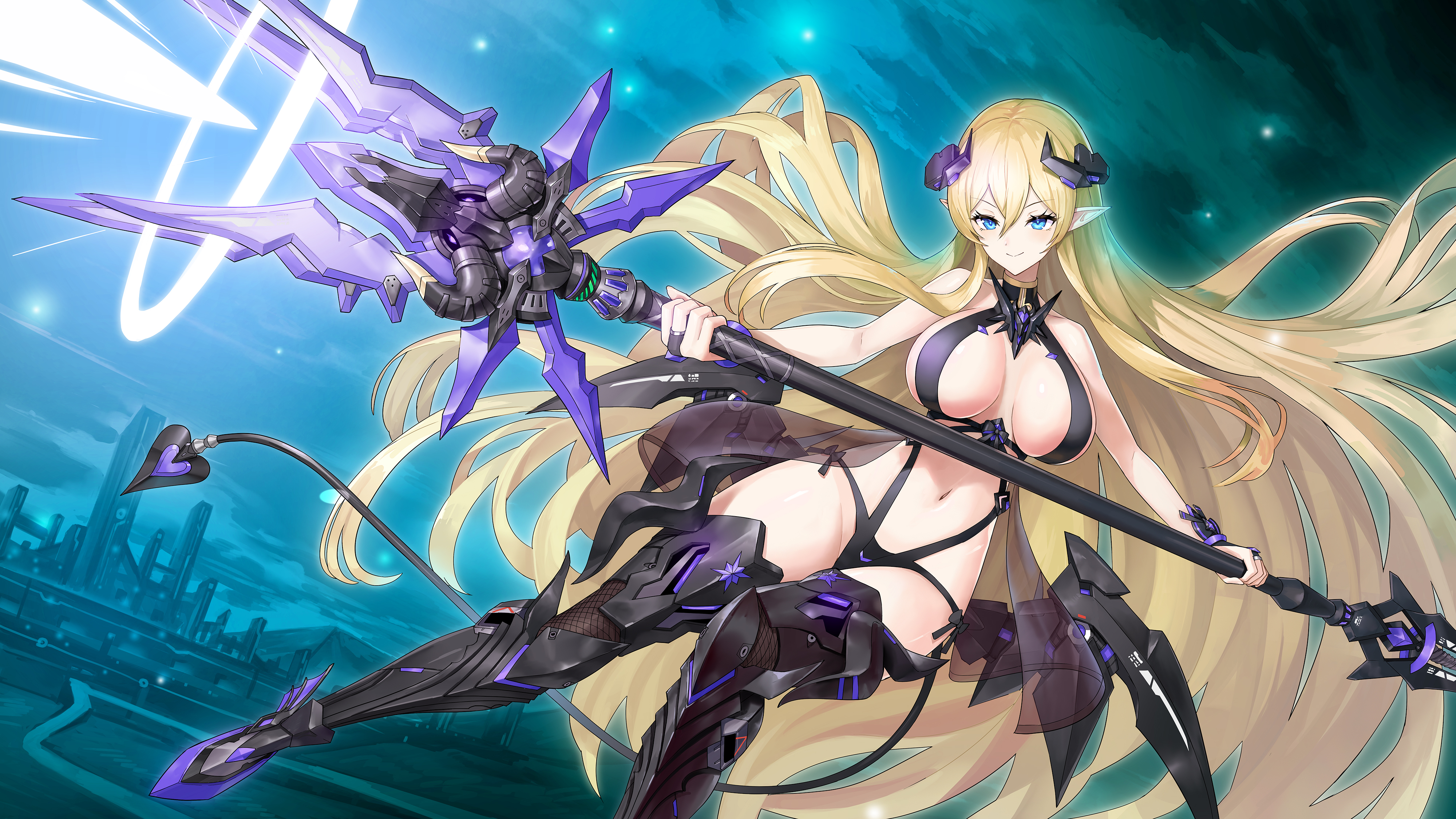 mytea (soso), original, absurdres, commentary request, commission, highres, skeb commission, 1girl, armor, armored boots, bare shoulders, bikini armor, blonde hair, blue eyes, boots, borrowed character, breasts, breasts apart, center opening, city, closed mouth, cloud, dutch angle, energy, energy beam, firing, fishnet thighhighs, fishnets, floating hair, flying, green sky, groin, hair between eyes, highleg, holding, holding staff, holding weapon, horns, large breasts, leg armor, long hair, looking ahead, mechanical horns, mechanical wings, navel, night, night sky, outdoors, pointy ears, revealing clothes, sideboob, sky, sleeveless, smile, solo, staff, star (sky), tail, thigh armor, thighhighs, thighs, very long hair, weapon, wings