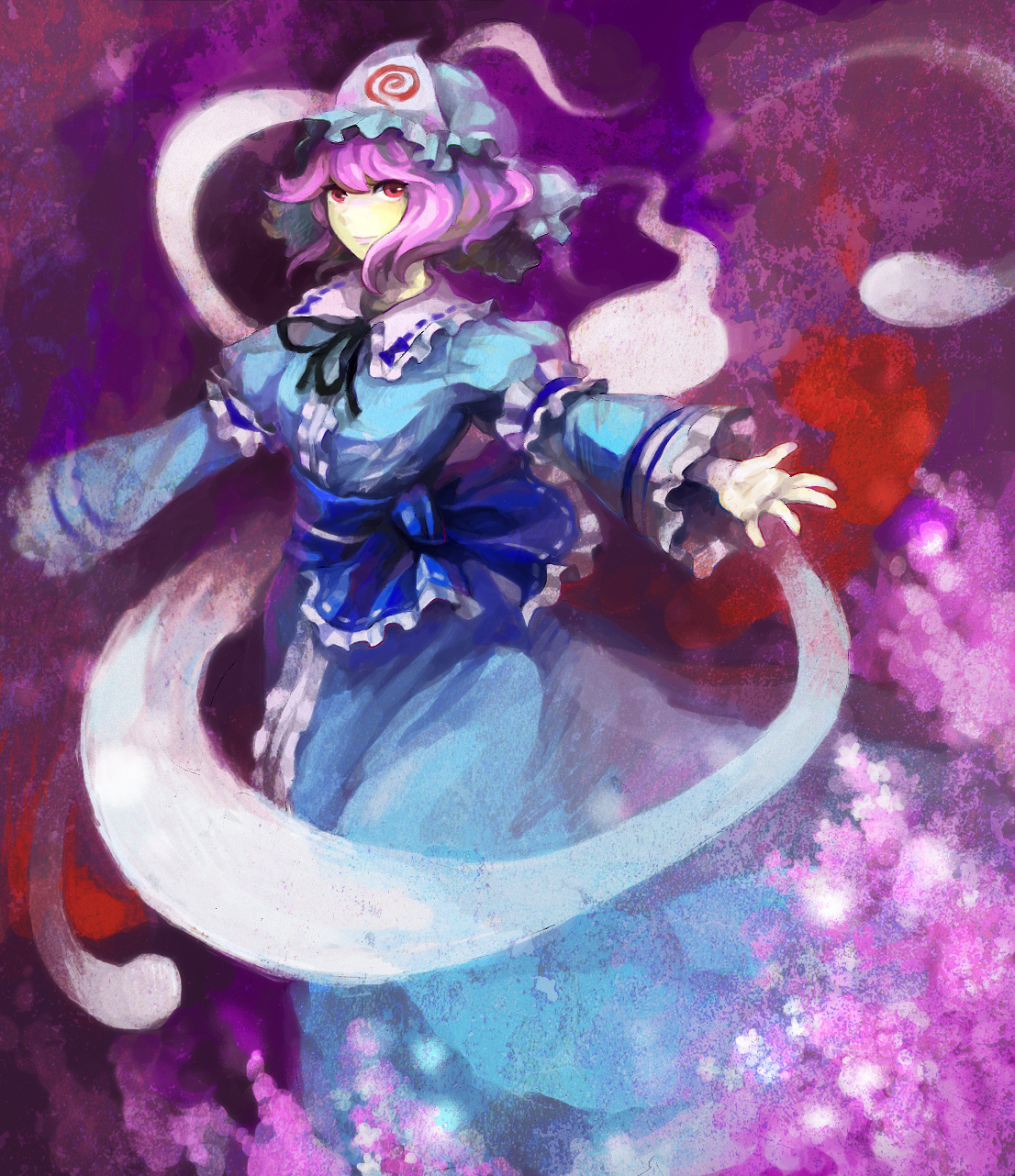 nayuko, saigyouji yuyuko, touhou, bad id, bad pixiv id, highres, 1girl, dress, female focus, ghost, gradient background, hat, outstretched arms, outstretched hand, solo
