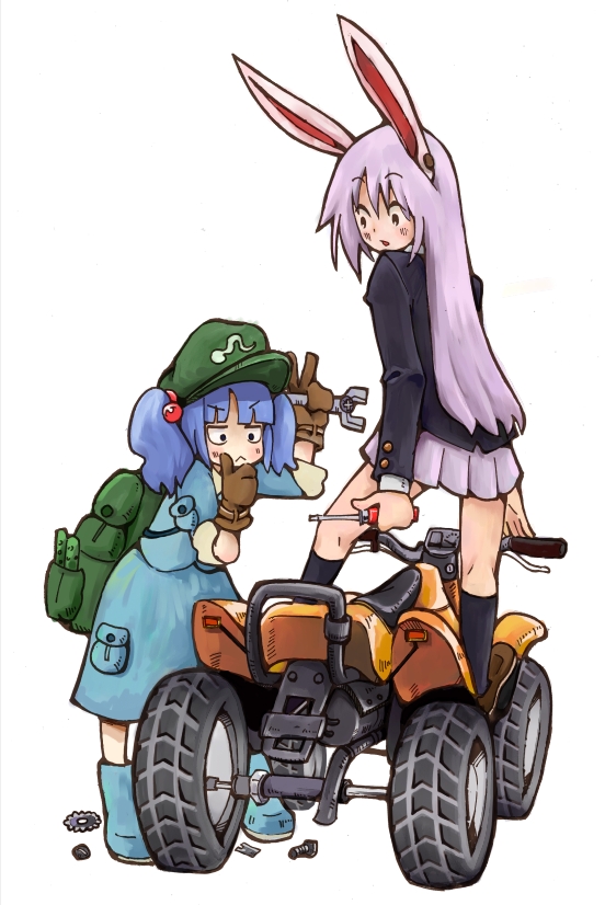 kishiinu, kawashiro nitori, reisen udongein inaba, touhou, 2girls, :<, all-terrain vehicle, animal ears, atv, backpack, bag, blazer, blue hair, dress, female focus, gears, gloves, hair bobbles, hair ornament, hat, jacket, long hair, motor vehicle, multiple girls, pleated skirt, purple hair, rabbit ears, randoseru, screw, screwdriver, short hair, skirt, twintails, two side up, wrench