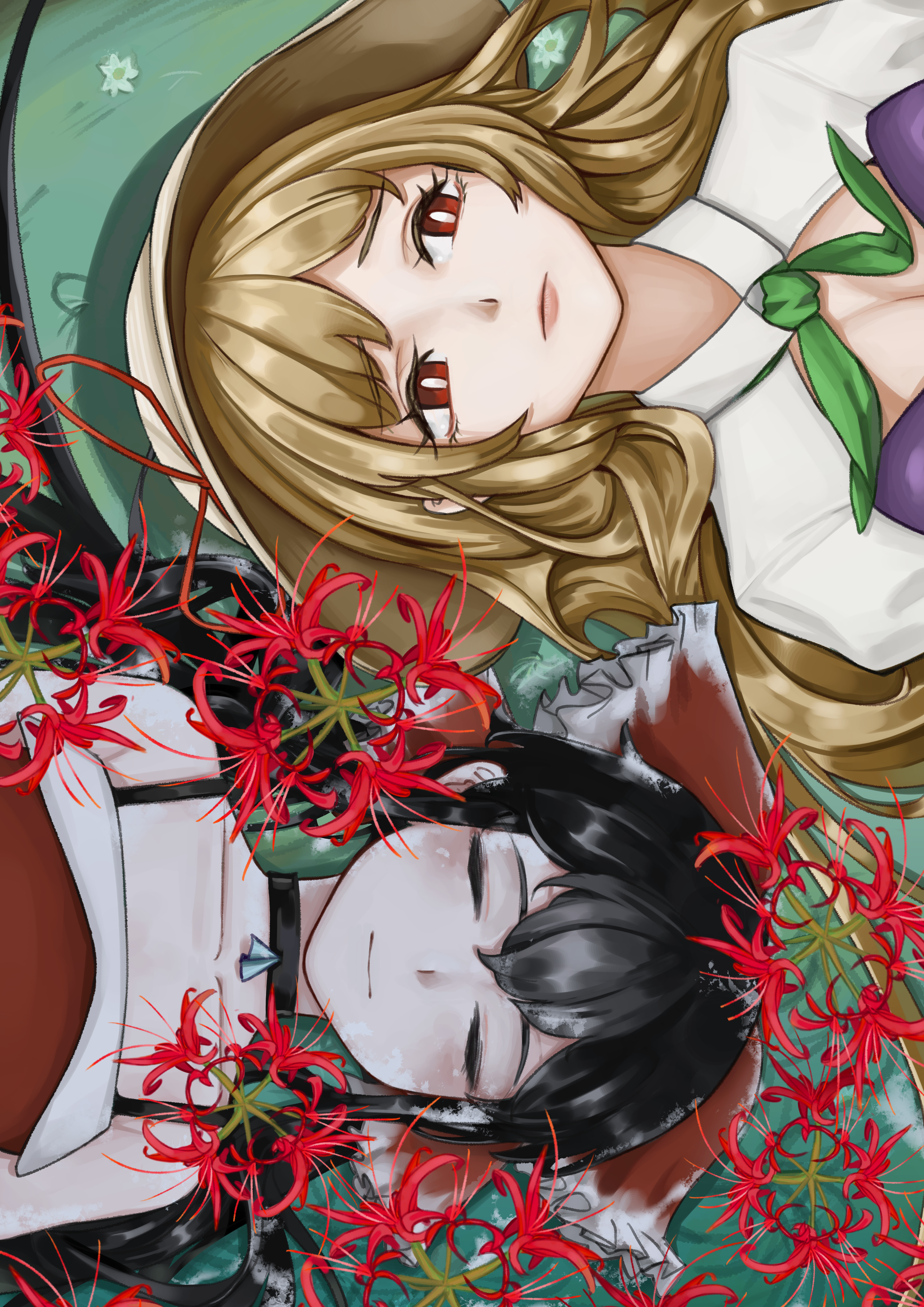 nari-14, agucala (cookie), hakurei reimu, yakumo yukari, yuyusu (cookie), cookie (touhou), touhou, absurdres, highres, 2girls, black choker, black hair, blonde hair, bow, choker, closed eyes, closed mouth, collared shirt, dress, eu sem voce (meme), flower, frown, hair bow, long hair, looking afar, lying, meme, multiple girls, on back, red bow, red dress, red eyes, red flower, shirt, sidelocks, sideways, sleeveless, sleeveless dress, smile, spaghetti strap, spider lily, twintails, upper body, white shirt