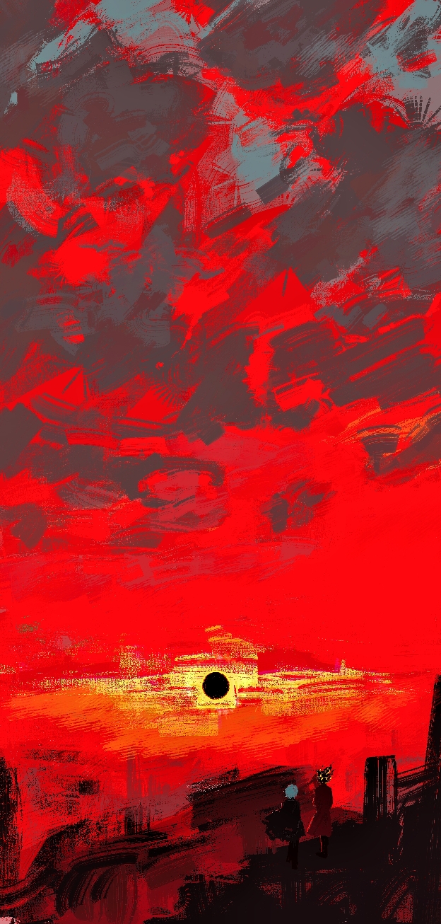 ivy (675671), dante (limbus company), faust (project moon), limbus company, project moon, chinese commentary, commentary request, highres, 1girl, 1other, black coat, black pants, black sun, clock, cloud, cloudy sky, coat, coat on shoulders, dated commentary, fire, object head, pants, red coat, red sky, short hair, sky, sun, walking, white hair