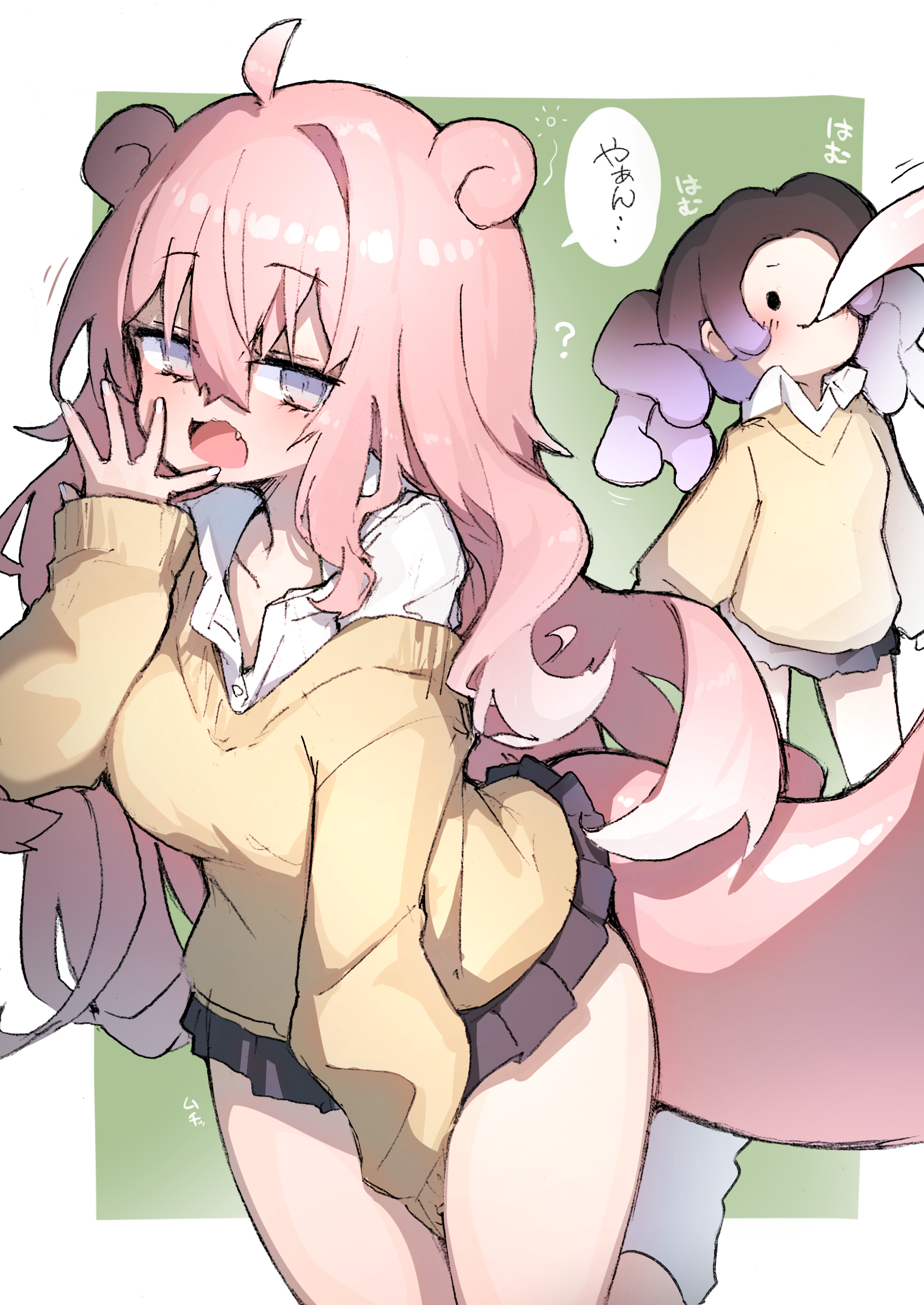 fukutchi, female protagonist (pokemon pokopia), slowpoke, nintendo, pokemon, pokemon pokopia, absurdres, character request, commentary request, highres, 2girls, ?, ahoge, biting another's tail, black skirt, border, borrowed design, breasts, collarbone, fang, gen 1 pokemon, green background, grey eyes, gyaru, gyaru slowpoke (shin no tenpii), hand between thighs, knees out of frame, kogal, large breasts, long hair, looking at viewer, loose socks, microskirt, multiple girls, open mouth, outside border, personification, pink hair, pleated skirt, pokemon tail, purple hair, shirt, simple background, single off shoulder, skirt, socks, speech bubble, squeans, sweater, tail, tentacle hair, very long hair, white border, white shirt, white socks, yawning, yellow sweater