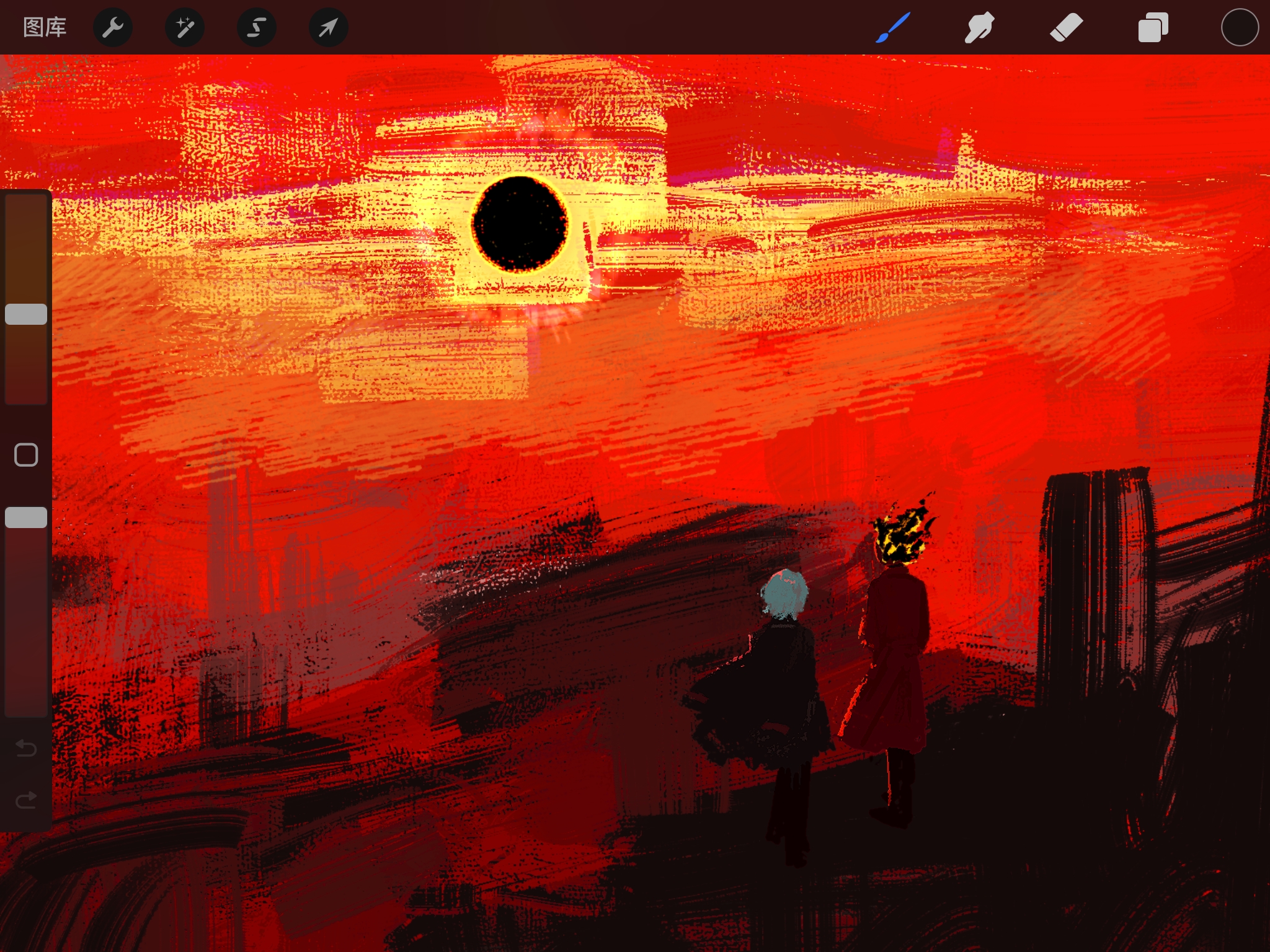 ivy (675671), dante (limbus company), faust (project moon), limbus company, project moon, chinese commentary, commentary request, highres, 1girl, 1other, art program in frame, black coat, black pants, black sun, clock, cloud, cloudy sky, coat, coat on shoulders, dated commentary, fire, object head, pants, red coat, red sky, short hair, sky, sun, walking, white hair