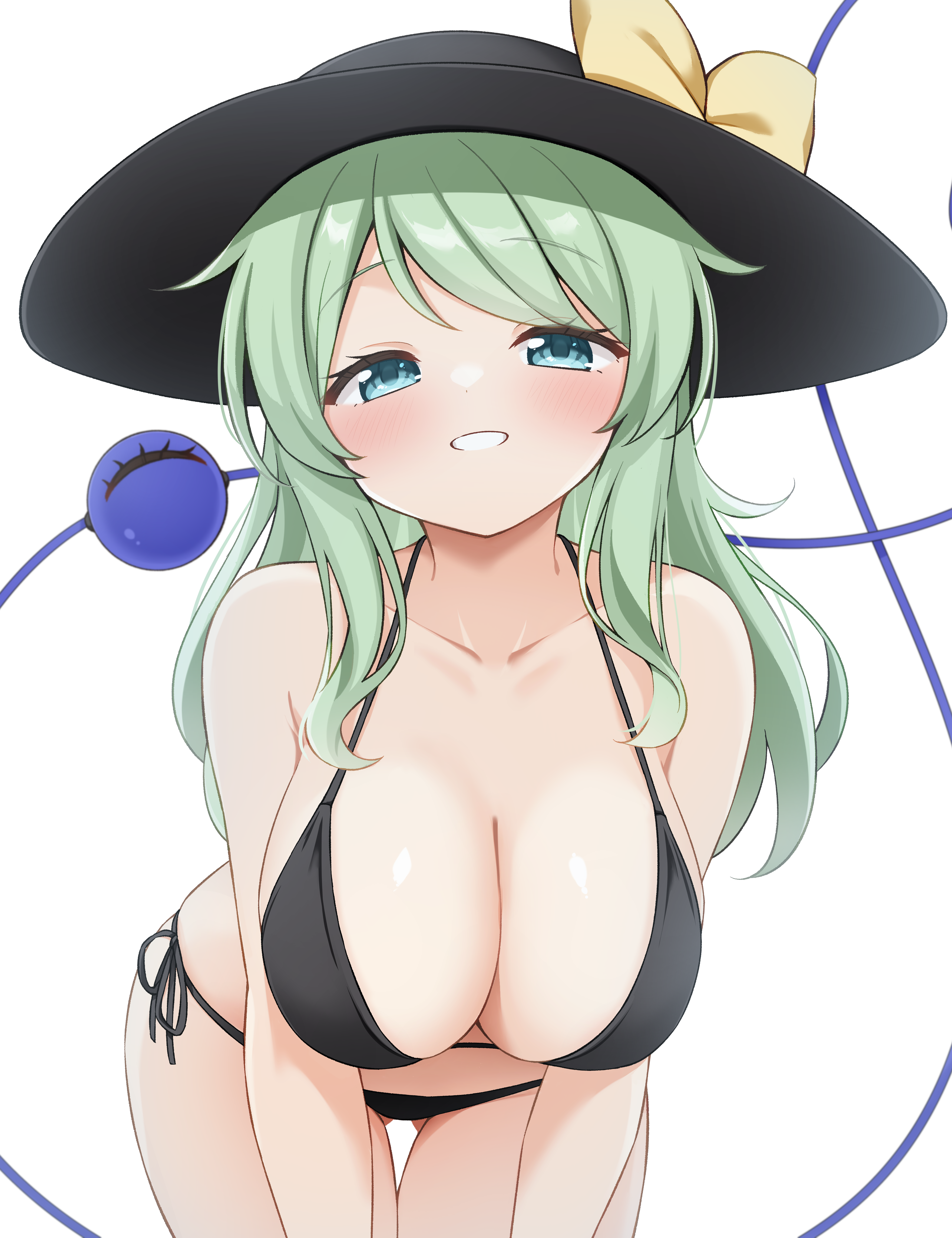 suwa yasai, komeiji koishi, touhou, absurdres, commentary request, highres, 1girl, :d, bent over, bikini, black bikini, black hat, blush, bow, breasts, cleavage, collarbone, green hair, grin, halterneck, hat, hat bow, large breasts, long hair, looking at viewer, open mouth, side-tie bikini bottom, sidelocks, simple background, smile, solo, string bikini, swimsuit, third eye, white background, yellow bow