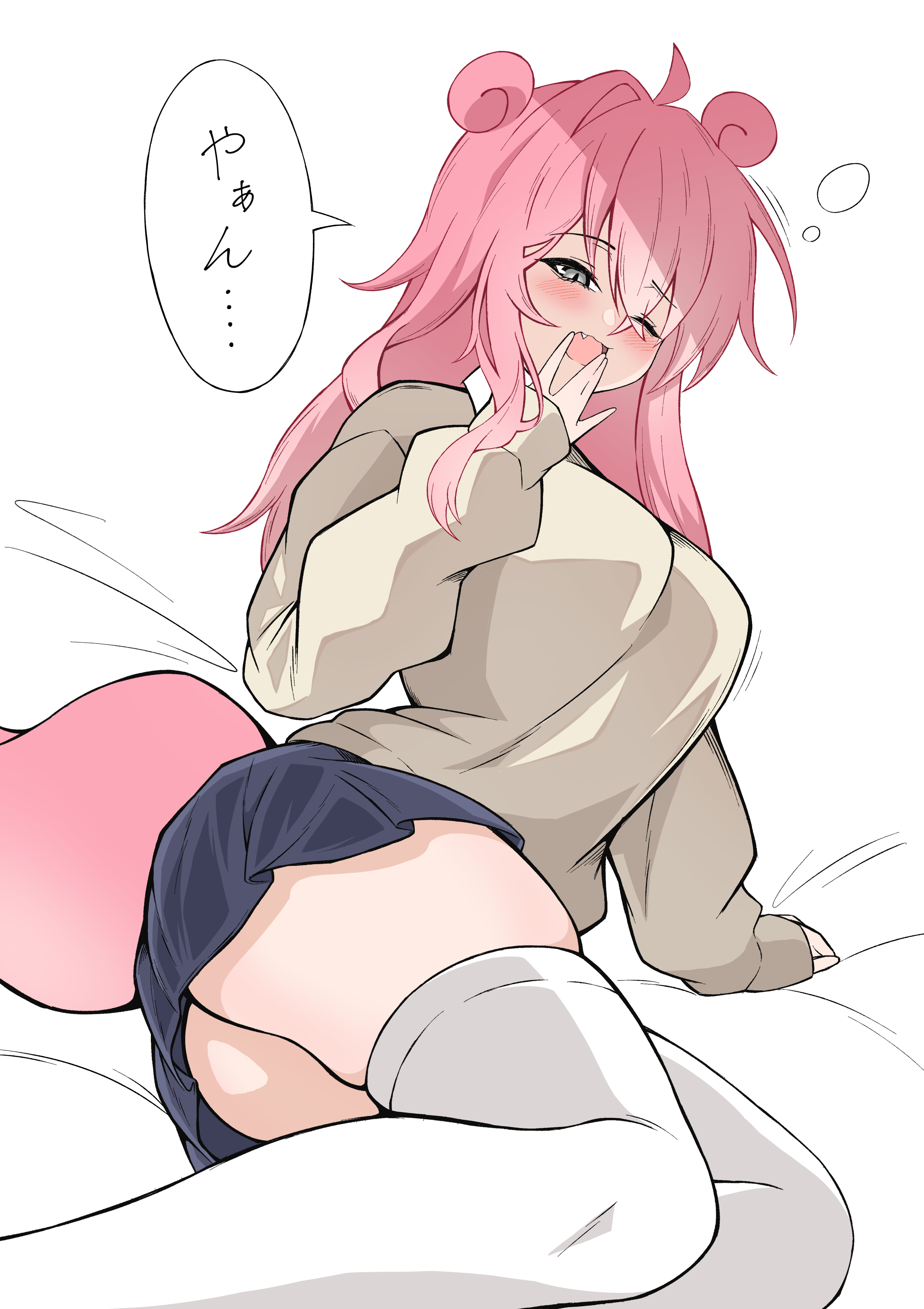 hatena (kotonakieru), slowpoke, nintendo, pokemon, absurdres, commentary request, highres, translation request, 1girl, black skirt, blush, borrowed design, breasts, brown sweater, collared shirt, fang, feet out of frame, gen 1 pokemon, grey eyes, gyaru, gyaru slowpoke (shin no tenpii), kogal, large breasts, long hair, long sleeves, looking at viewer, lying, miniskirt, on side, one eye closed, open mouth, personification, pink hair, pleated skirt, pokemon (creature), pokemon tail, shirt, skirt, sleepy, solo, speech bubble, squeans, sweater, tail, thighhighs, white shirt, zettai ryouiki