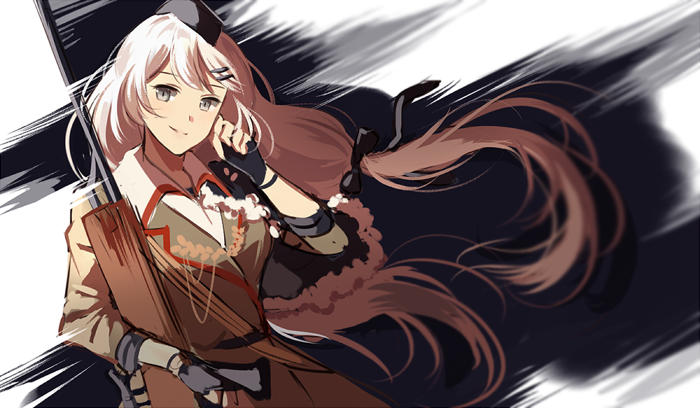 silence girl, svd (girls' frontline), girls' frontline, 1girl, aiguillette, dragunov svd, grey eyes, gun, holding, holding gun, holding weapon, long hair, rifle, shirt, smile, sniper rifle, solo, weapon, white hair, white shirt