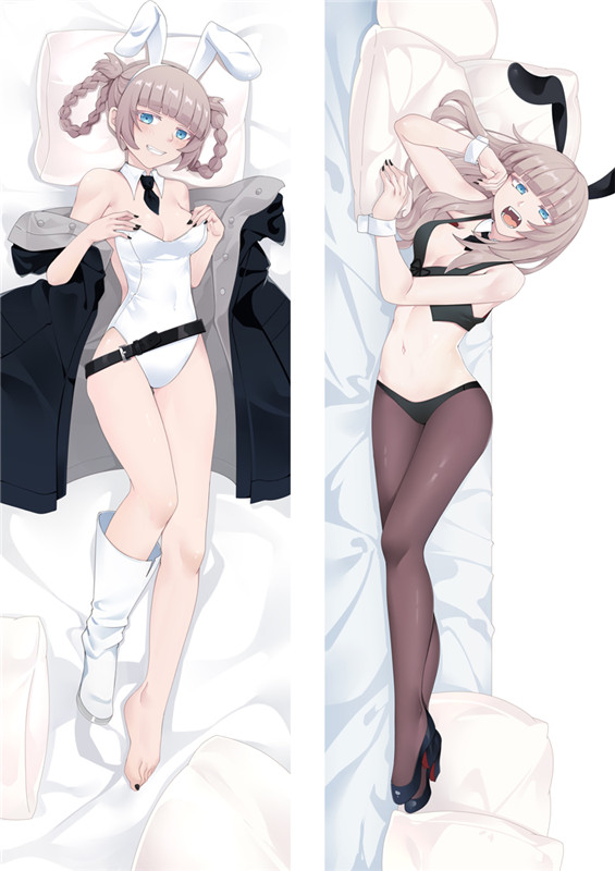 moeanime, nanakusa nazuna (yofukashi no uta), yofukashi no uta, commentary request, 1girl, alternate costume, animal ear hairband, animal ears, belt, black belt, black coat, black hairband, black nails, black necktie, black panties, black shoes, blue eyes, blunt bangs, boots, border, braid, braided hair rings, breasts, brown hair, brown pantyhose, coat, covered navel, dakimakura (medium), detached collar, fake animal ears, grin, hair down, hair rings, hairband, head rest, leotard, long hair, looking at viewer, lying, midriff, multiple views, navel, necktie, on back, on side, open clothes, open coat, open mouth, panties, panties over pantyhose, pantyhose, pillow, playboy bunny, rabbit ear hairband, rabbit ears, shoes, short necktie, single boot, small breasts, smile, strapless, strapless leotard, underwear, white background, white border, white hairband, white leotard, white wrist cuffs, wrist cuffs