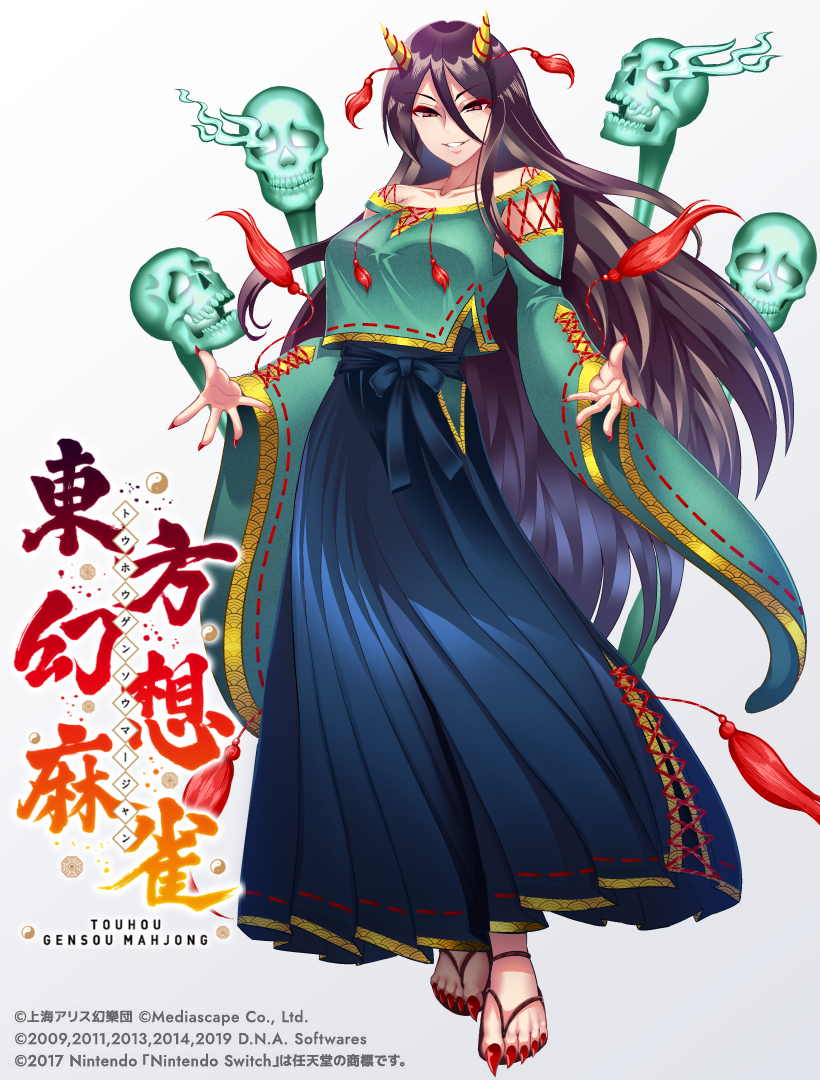 warugaki (sk-ii), nippaku zanmu, touhou, touhou unreal mahjong, 1girl, black hair, blue skirt, collarbone, cone horns, copyright name, copyright notice, cross-laced slit, fingernails, flip-flops, full body, green shirt, horns, long hair, long skirt, off-shoulder shirt, off shoulder, pleated skirt, red eyes, sandals, sharp fingernails, sharp toenails, shirt, skirt, skull, small horns, solo, tachi-e, tassel, toenails, very long hair, wide sleeves, yellow horns