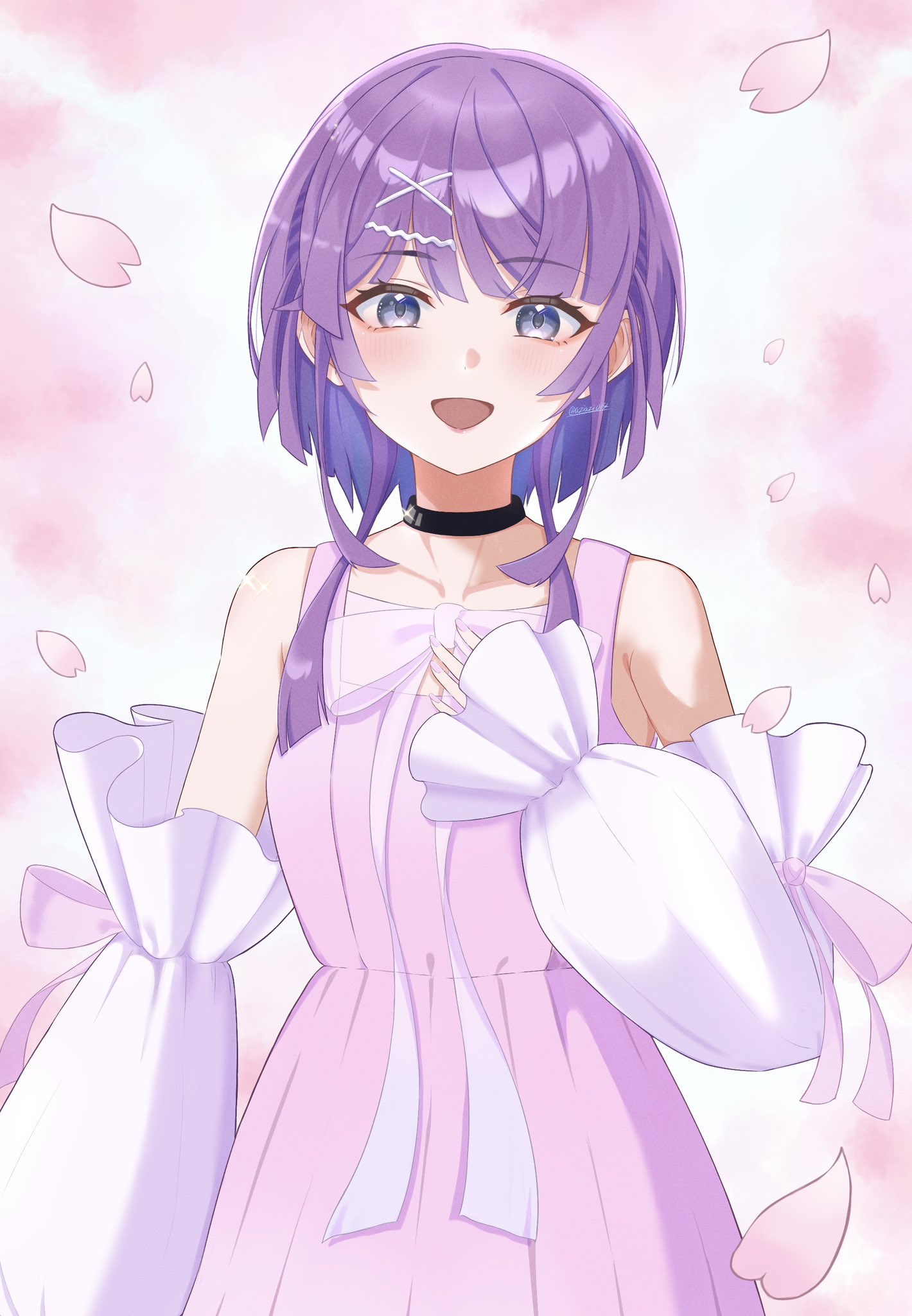 aziazi014, shine post, highres, 1girl, agarie nagi, black collar, blue eyes, collar, detached sleeves, dress, hair ornament, hairclip, hand on own chest, looking at viewer, open mouth, pink dress, pink petals, purple hair, see-through bowtie, solo, sparkle, twitter username