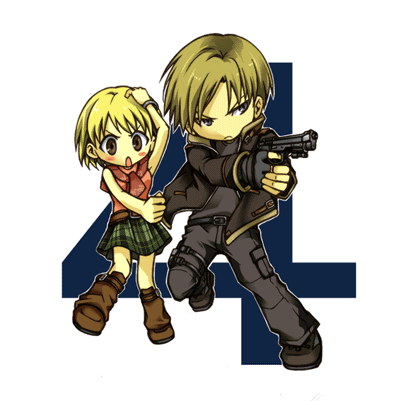 susutake (pixiv), ashley graham, leon s. kennedy, resident evil, resident evil 4, lowres, >:o, 1boy, 1girl, :o, boots, chibi, gun, orange shirt, shirt, v-shaped eyebrows, weapon