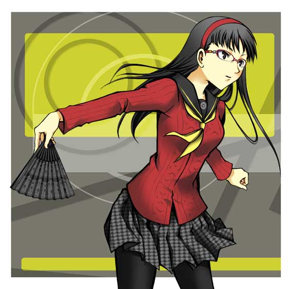 susutake (pixiv), amagi yukiko, atlus, persona, persona 4, black hair, glasses, hand fan, pantyhose, school uniform