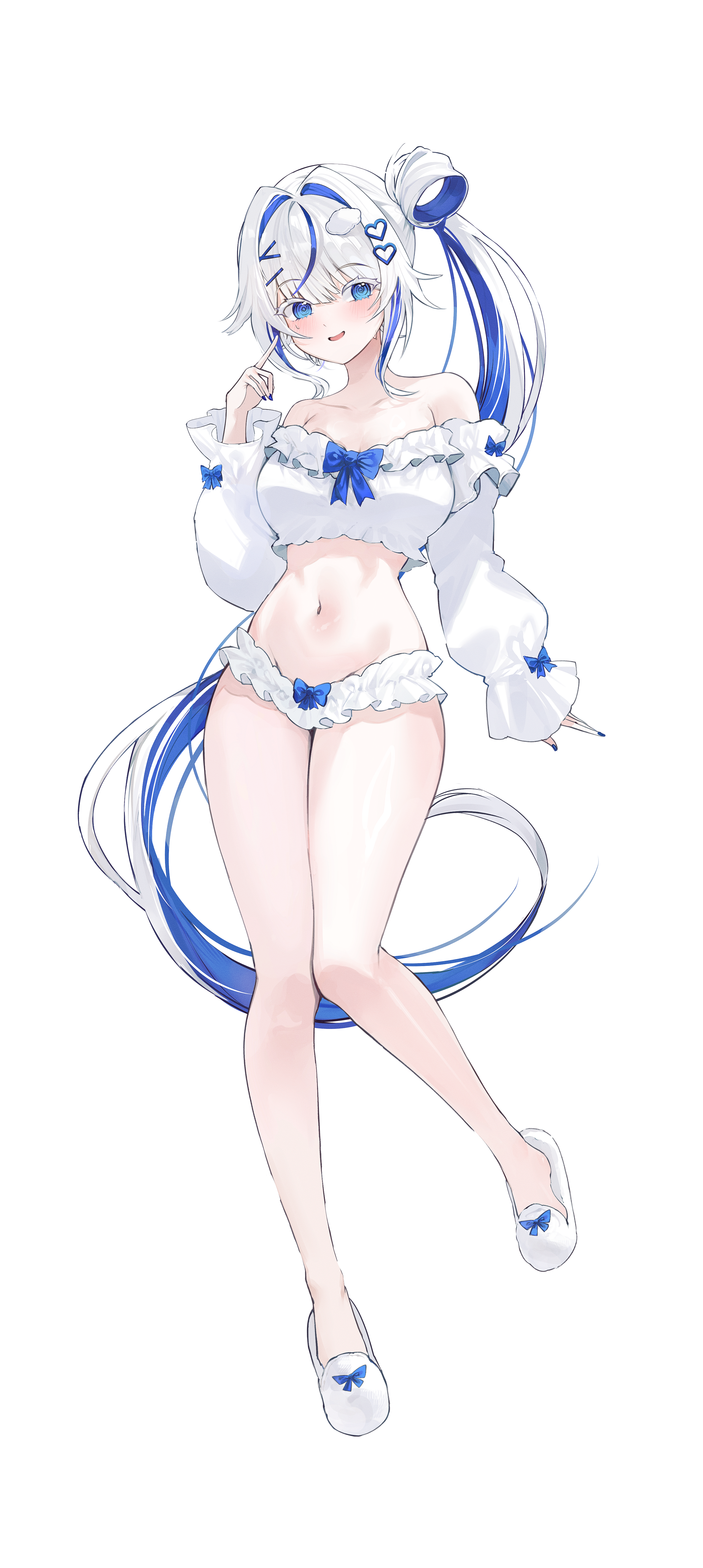 gurami (zangizarang), aokumo rin, stellive, absurdres, commentary request, highres, 1girl, alternate costume, bare legs, bare shoulders, black nails, blue eyes, blue hair, blue ribbon, breasts, collarbone, colored eyelashes, crop top, fingernails, frilled panties, frilled shirt, frills, full body, hair ornament, hand up, heart, heart hair ornament, large breasts, long fingernails, long hair, long sleeves, looking at viewer, midriff, multicolored hair, nail polish, navel, off shoulder, open mouth, panties, ribbon, shirt, side ponytail, simple background, slippers, smile, solo, stomach, thighs, two-tone hair, underwear, very long hair, virtual youtuber, white background, white eyelashes, white hair, white panties, white shirt