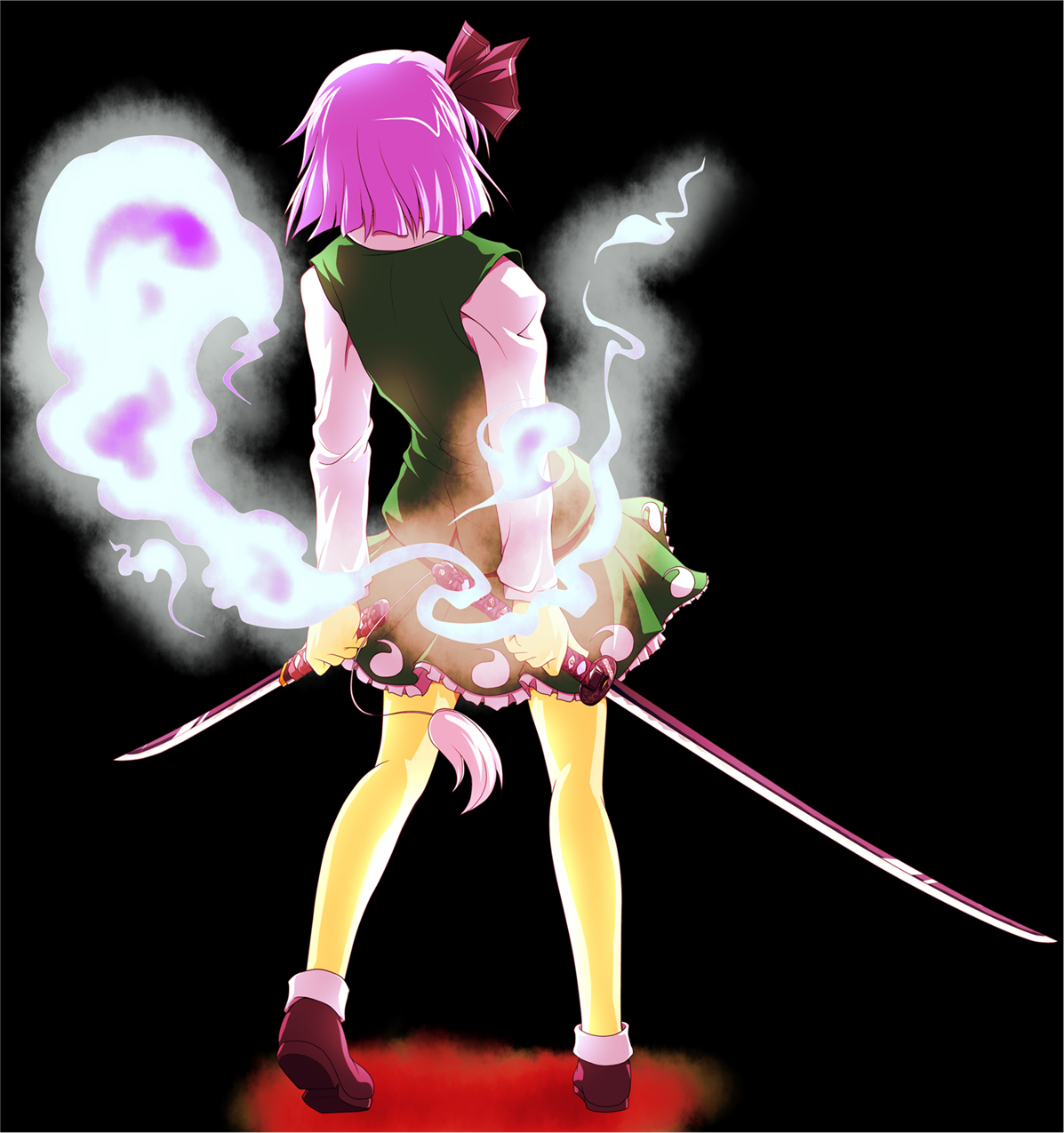 846-gou, konpaku youmu, konpaku youmu (ghost), touhou, silver hair, bad id, bad pixiv id, highres, 1girl, dual wielding, female focus, ghost, glowing, holding, katana, legs, pink hair, short hair, skirt, solo, sword, tanto, weapon