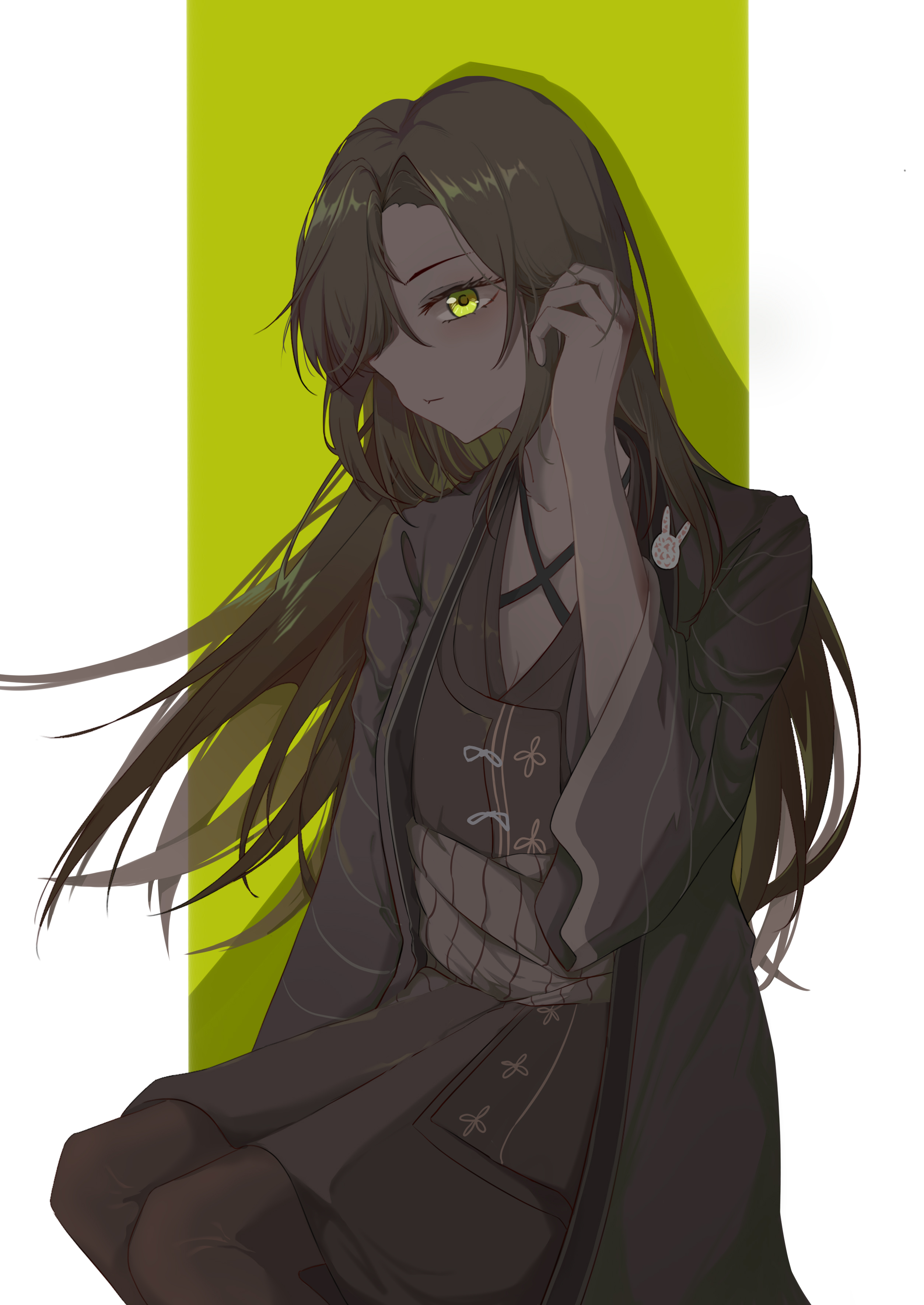 fd fu dian, zilu (project moon), limbus company, project moon, absurdres, highres, 1girl, brown coat, brown dress, brown hair, brown sash, coat, dark-skinned female, dark skin, dress, green background, long sleeves, looking at viewer, on head, rabbit ornament, simple background, solo, wide sleeves