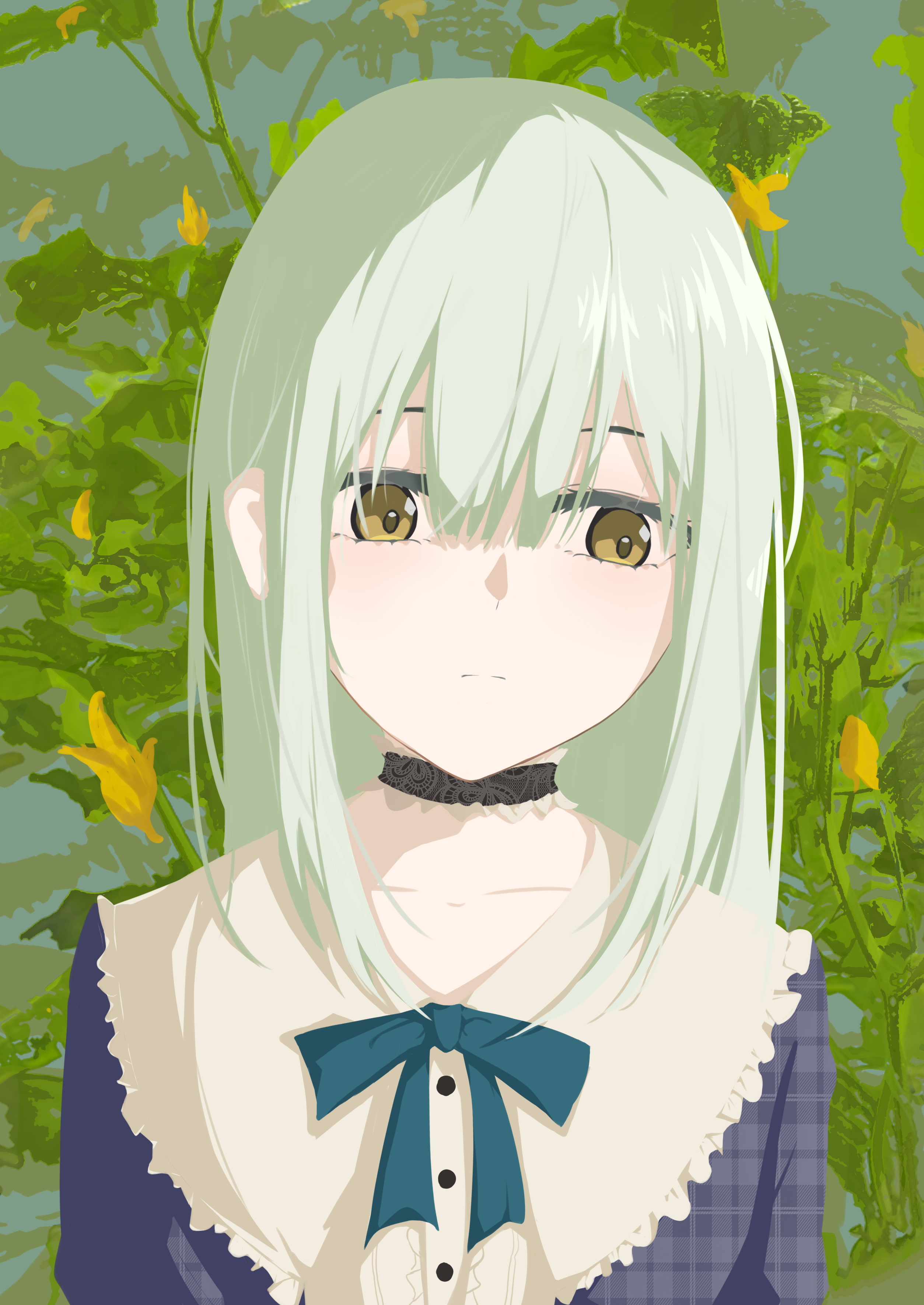 fd fu dian, wakaba mutsumi, bang dream!, bang dream! it's mygo!!!!!, absurdres, highres, 1girl, aqua bow, aqua bowtie, blue dress, bow, bowtie, buttons, closed mouth, dress, frilled shirt collar, frills, green hair, looking to the side, solo, upper body, yellow eyes