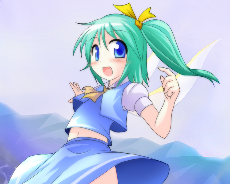 des (namaasi), daiyousei, embodiment of scarlet devil, touhou, 1girl, blue eyes, blush, female focus, green hair, hair ribbon, navel, open mouth, ribbon, side ponytail, solo, wings