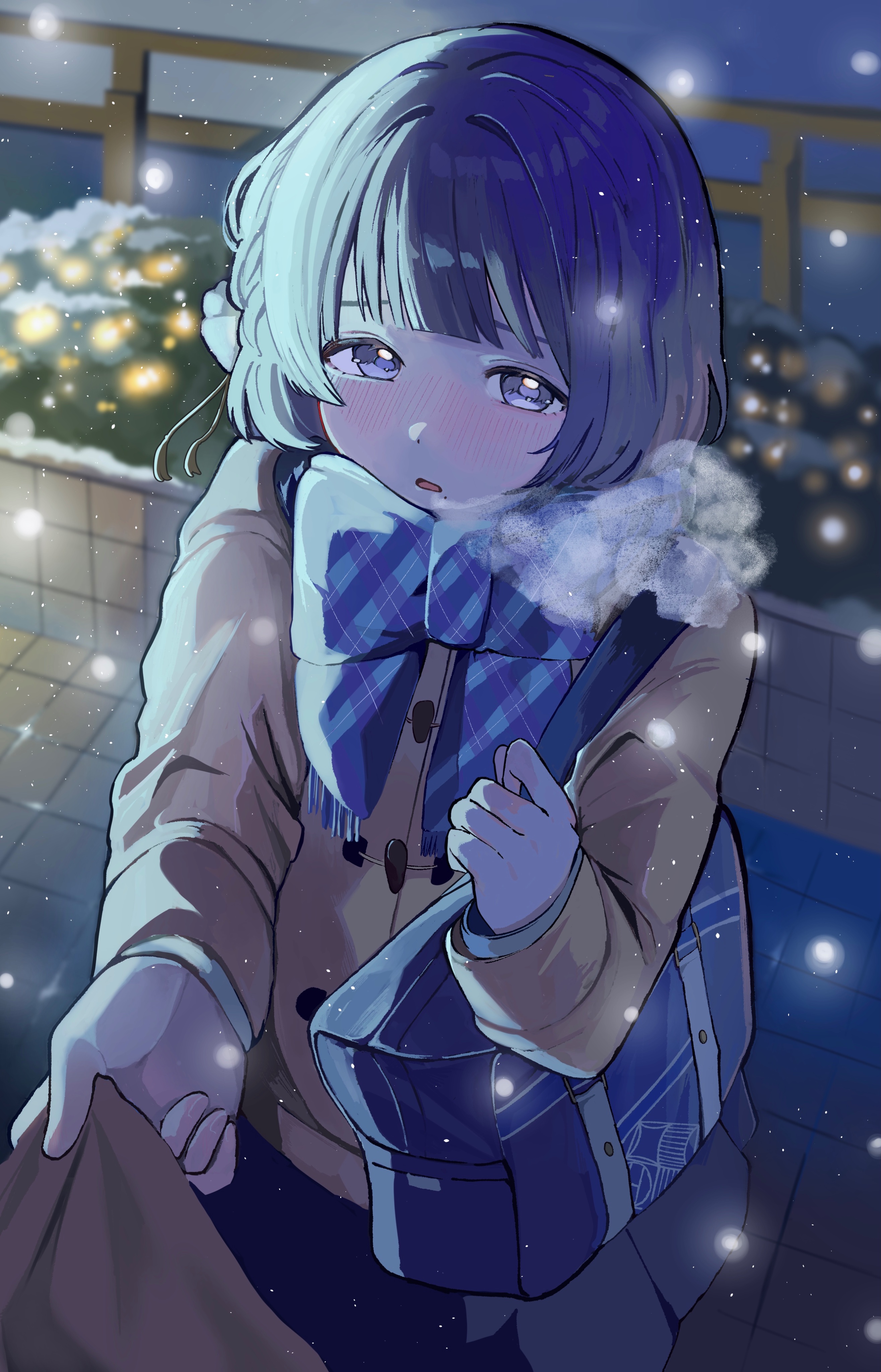 nekommokuwan, hataya misuzu, gakuen idolmaster, idolmaster, absurdres, commentary request, highres, 1girl, 1other, bag, black skirt, blue scarf, blurry, blurry background, blush, bob cut, bow, braid, brown coat, clothes grab, coat, cowboy shot, depth of field, duffel coat, flower, hair flower, hair ornament, hands up, holding strap, light particles, long sleeves, looking at viewer, mole, mole under mouth, night, outdoors, plaid clothes, plaid scarf, purple eyes, purple hair, scarf, scarf bow, school bag, short hair, shoulder bag, side braid, sidelighting, single braid, skirt, solo, standing, white flower