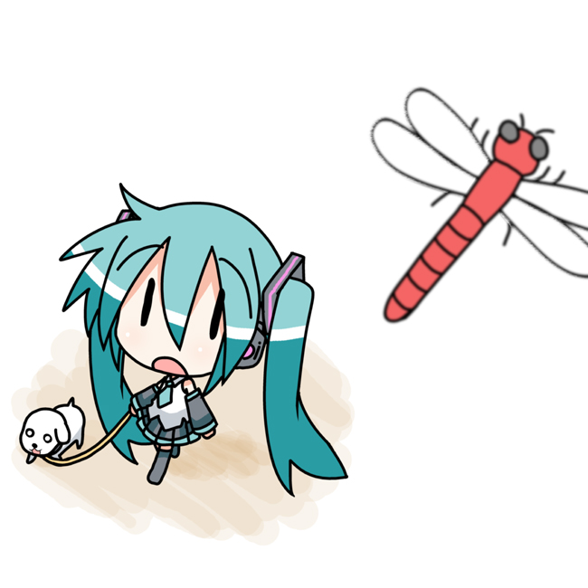 minami (colorful palette), chibi miku, hamo (dog), hatsune miku, vocaloid, aqua hair, bug, chibi, dog, dragonfly, insect, long hair, solo, thighhighs, twintails, | |