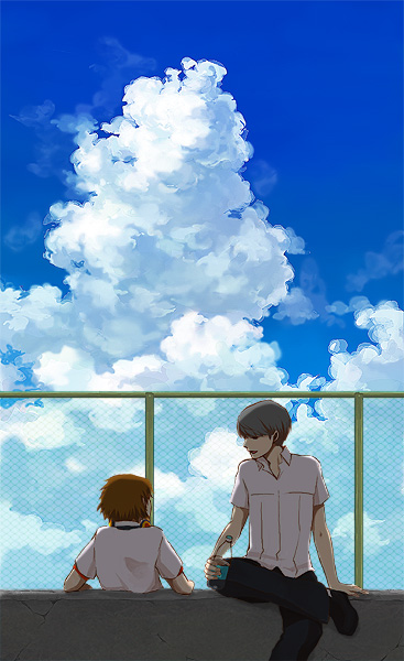 meji, hanamura yousuke, narukami yu, atlus, persona, persona 4, bad id, bad pixiv id, 2boys, bottle, brown hair, cloud, day, fence, grey hair, male focus, multiple boys, school uniform, short hair, sitting, sky