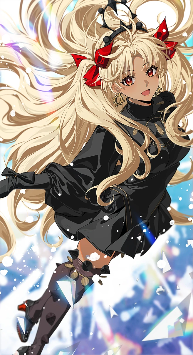 yaoshi jun, ereshkigal (fate), ereshkigal alter (fate), fate/grand order, fate (series), highres, 1girl, black dress, black gloves, black hairband, black thighhighs, blonde hair, bow, curtained hair, dark-skinned female, dark skin, dress, earrings, floating hair, gloves, hair bow, hairband, high collar, hoop earrings, jewelry, long hair, looking at viewer, parted bangs, red bow, red eyes, solo, thighhighs, two side up