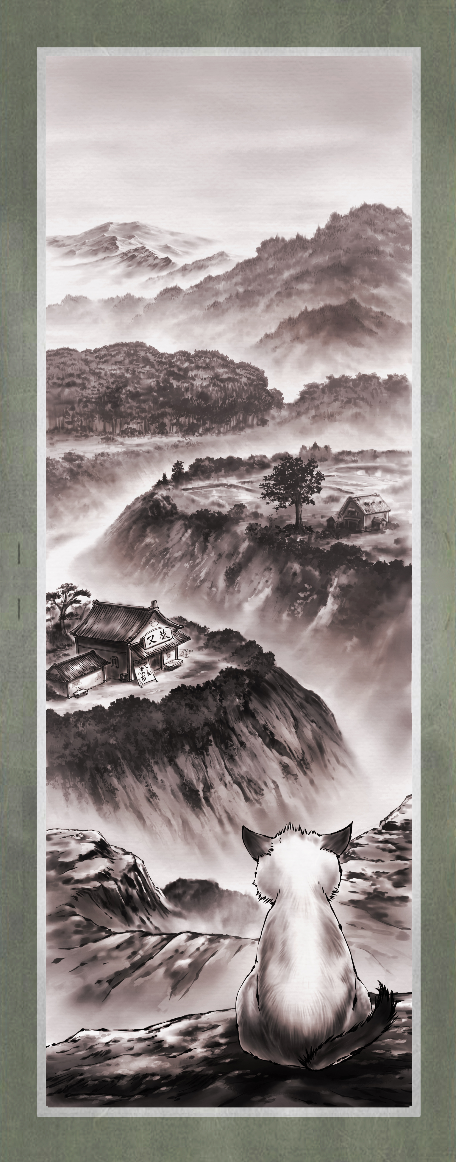 airupapa, original, framed, absurdres, highres, long image, tall image, translation request, back, cat, faux traditional media, forest, house, ink, landscape, monochrome, mountain, nature, no humans, purple theme, scenery