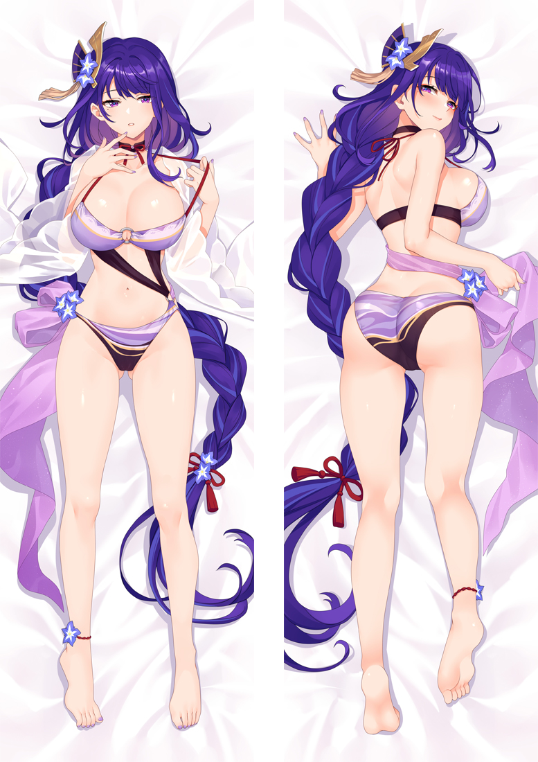 moeanime, raiden shogun, genshin impact, commentary request, 1girl, adapted costume, anklet, ass, barefoot, bikini, black choker, braid, breasts, choker, closed mouth, dakimakura (medium), full body, hair ornament, jewelry, large breasts, long hair, looking at viewer, low-braided long hair, low-tied long hair, lying, multiple views, navel, o-ring, o-ring bikini, on back, on stomach, parted lips, purple bikini, purple eyes, purple hair, smile, strap lift, swimsuit, very long hair