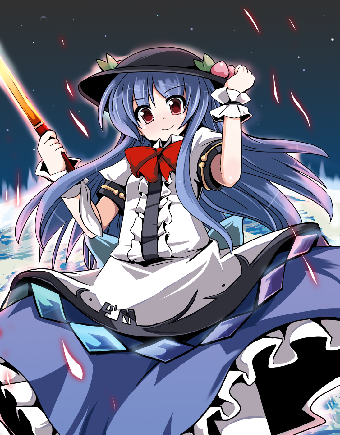 fa no hito, hinanawi tenshi, touhou, highres, 1girl, blue hair, female focus, hat, red eyes, solo, sword, sword of hisou, weapon