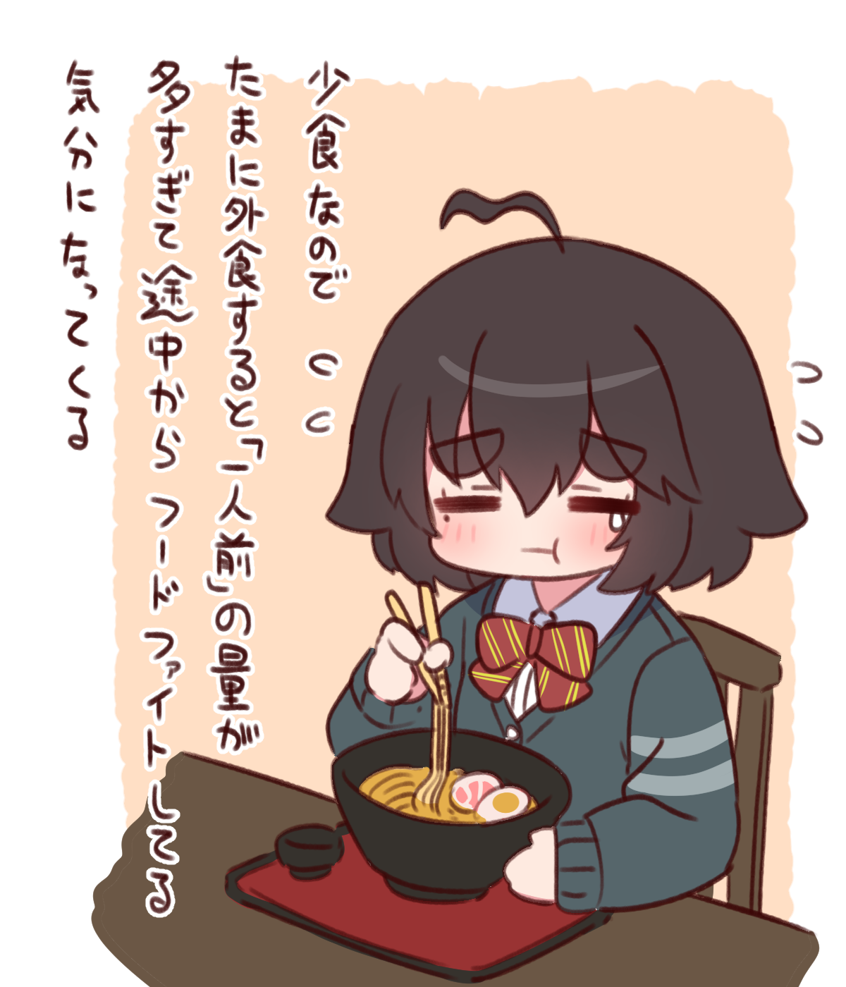 naga u, naga u-chan, original, highres, translation request, 1girl, :t, = =, ahoge, black hair, blush, bow, bowl, bowtie, cardigan, chair, chopsticks, closed eyes, closed mouth, collared shirt, diagonal-striped bow, diagonal-striped bowtie, diagonal-striped clothes, eating, flying sweatdrops, food, green cardigan, hair between eyes, holding, holding chopsticks, long sleeves, mole, mole under eye, noodles, on chair, orange background, ramen, red bow, red bowtie, shirt, short hair, simple background, sitting, solo, striped bow, striped bowtie, striped clothes, table, thick eyebrows, white shirt