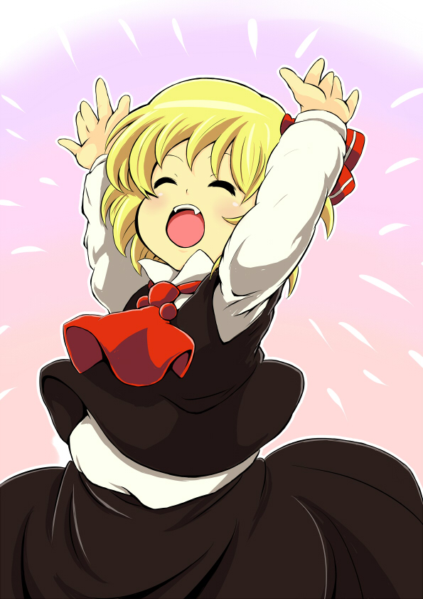 tsuttsu, rumia, embodiment of scarlet devil, touhou, bad id, bad pixiv id, 1girl, arms up, blonde hair, closed eyes, fang, female focus, gradient background, hair ribbon, happy, o/, outstretched arms, ribbon, short hair, solo, standing