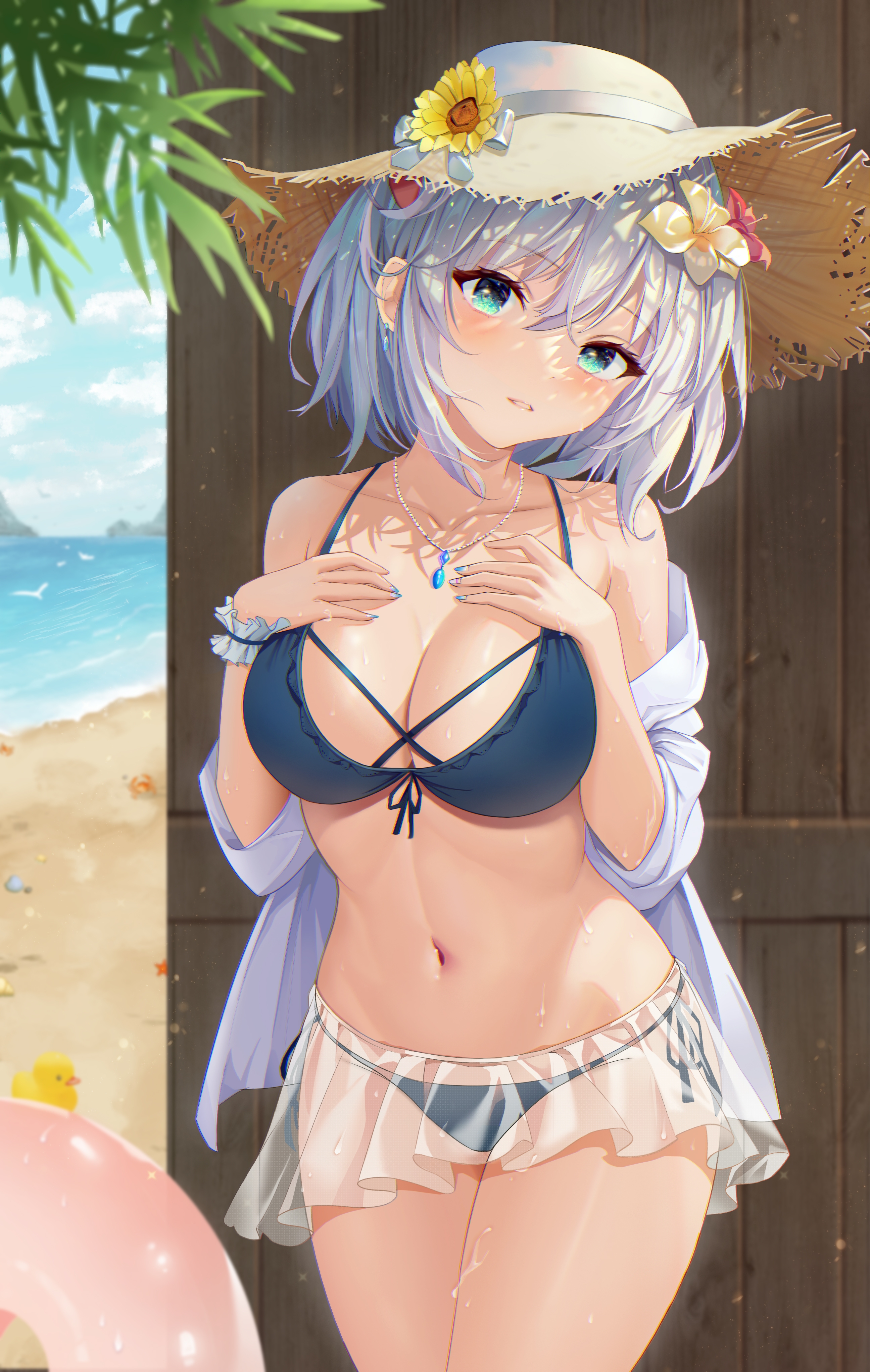 hohan, original, absurdres, highres, 1girl, beach, bikini, bikini skirt, blue bikini, blue nails, breasts, cleavage, cowboy shot, crab, earrings, flower, frilled wristband, front-tie bikini top, front-tie top, green eyes, hair flower, hair ornament, hands on own chest, hat, hat flower, hat ribbon, jewelry, large breasts, looking at viewer, multi-strapped bikini top, nail polish, navel, necklace, off shoulder, open clothes, open shirt, palm tree, parted lips, pendant, ribbon, rubber duck, sand, seashell, see-through clothes, see-through skirt, shell, shirt, short hair, side-tie bikini bottom, skirt, solo, sparkling eyes, standing, straight-on, straw hat, string bikini, swimsuit, tree, water, wet, white hair, white shirt