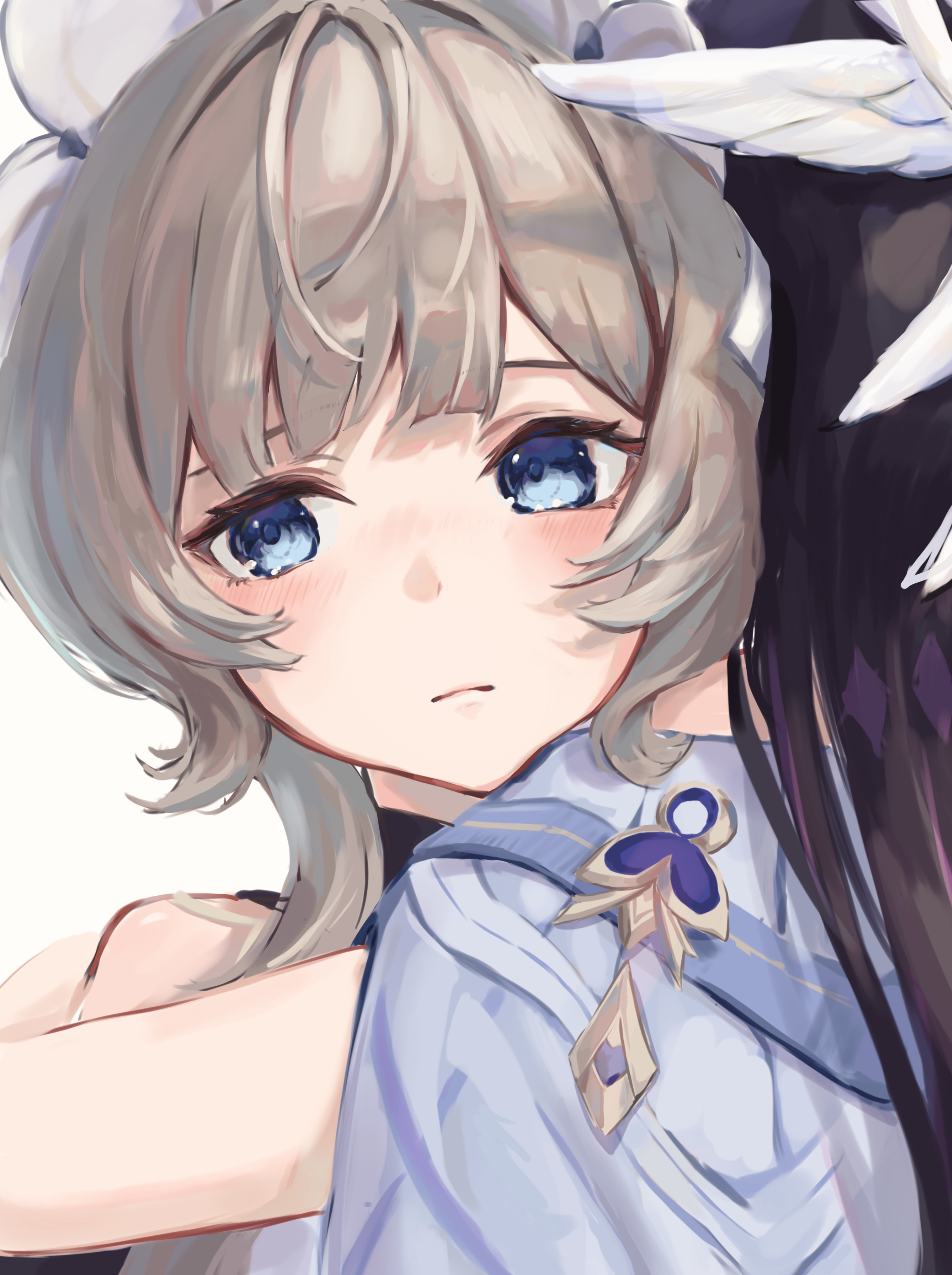 columbina (genshin impact), sandrone (genshin impact), genshin impact, absurdres, commentary request, highres, 2girls, black hair, blue eyes, blush, brown hair, closed mouth, dress, hair ornament, headdress, hug, ituo, long hair, looking to the side, multiple girls, simple background, upper body, white background, white dress, white headdress, wing hair ornament