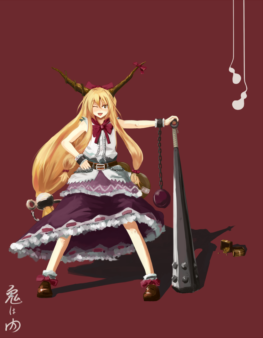 yammy (artist), yammy (cellblo), ibuki suika, touhou, 1girl, blonde hair, blush, chain, club (weapon), female focus, horns, kanabou, long hair, mamemaki, masu, one eye closed, orange hair, setsubun, solo, weapon, wink, yellow eyes