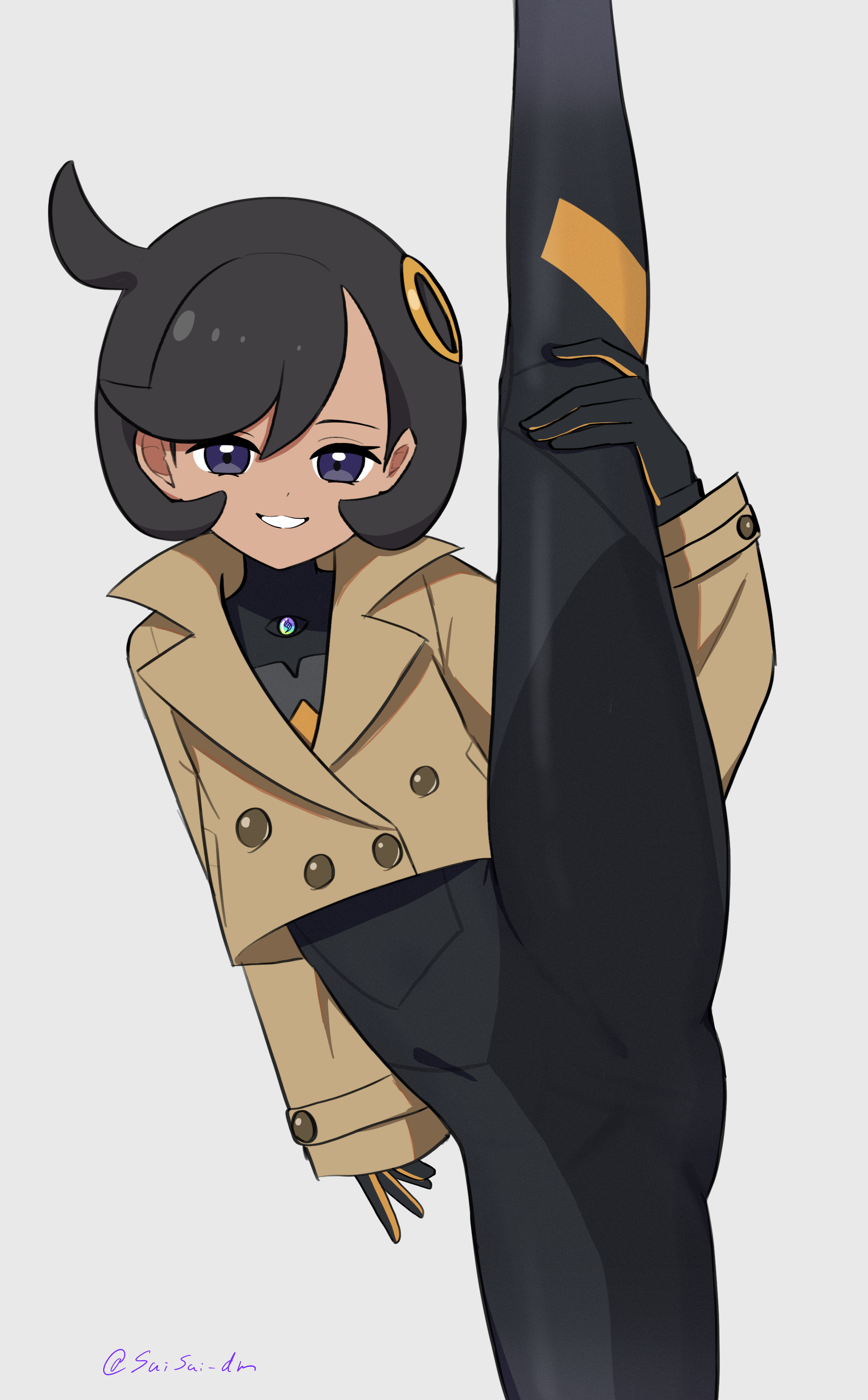hasu 175, emma (pokemon), nintendo, pokemon, pokemon legends: z-a, 1girl, black hair, bodysuit, dark-skinned female, dark skin, jacket, long sleeves, looking at viewer, purple eyes, short hair, standing, standing on one leg