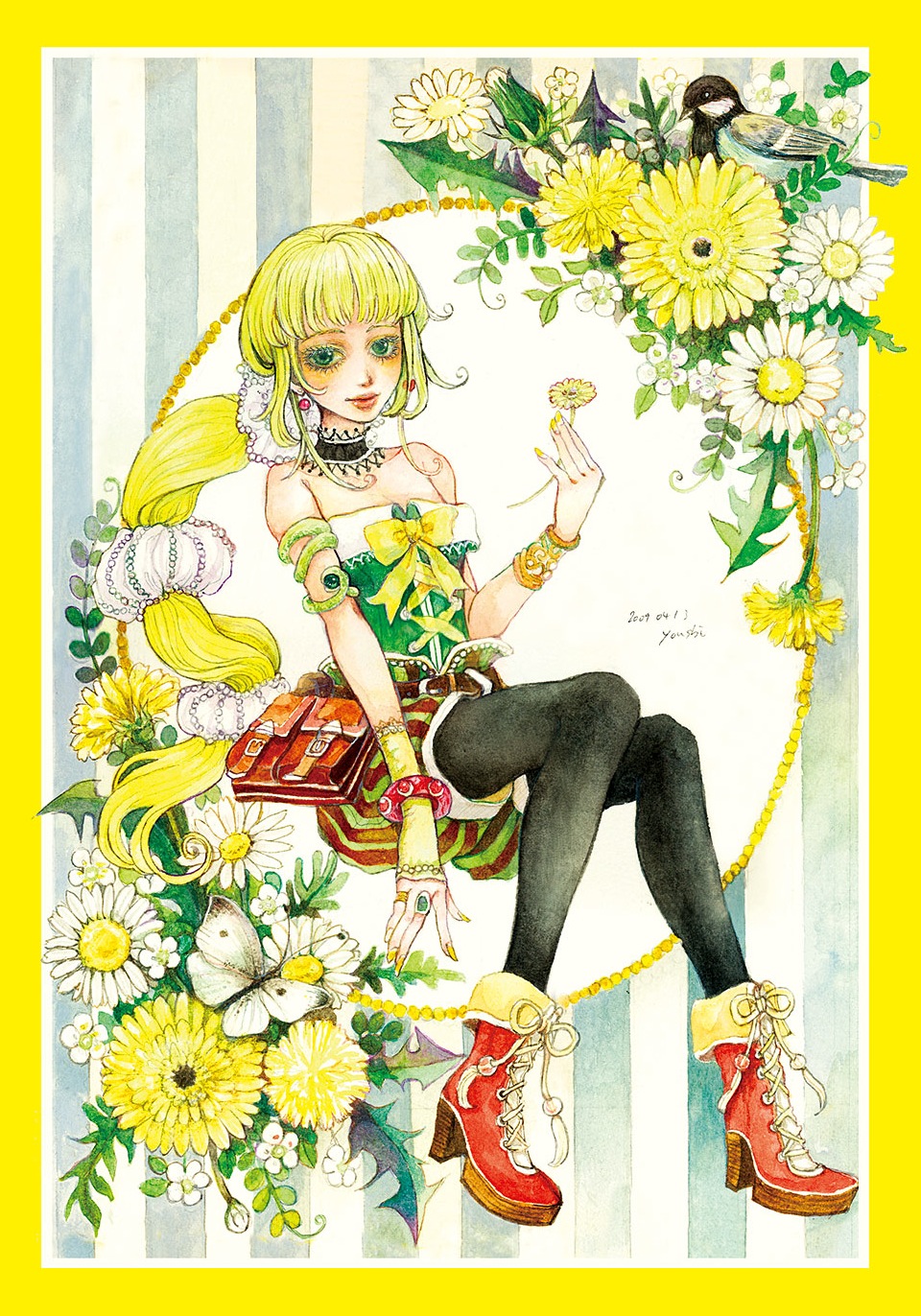 youshi, virginia knights, saga, saga frontier 2, highres, 1girl, blonde hair, boots, bracer, female focus, flower, lips, long hair, multi-tied hair, pantyhose, pantyhose under shorts, shorts, solo, very long hair