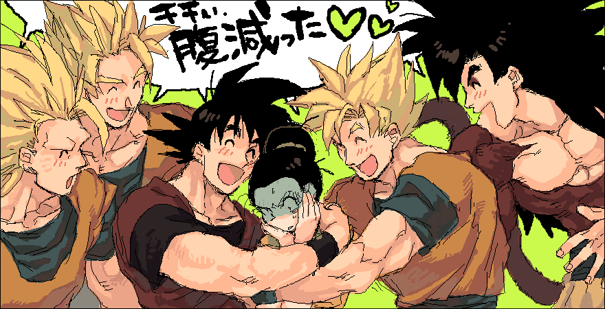 nitako, chi-chi (dragon ball), son goku, dragon ball, dragon ball gt, dragonball z, bad id, bad pixiv id, translated, 1990s (style), 1girl, 5boys, ^ ^, body fur, closed eyes, fur trim, hug, long hair, multiple boys, multiple persona, oekaki, retro artstyle, shaded face, super saiyan, super saiyan 1, super saiyan 2, super saiyan 3, super saiyan 4, tail, time paradox