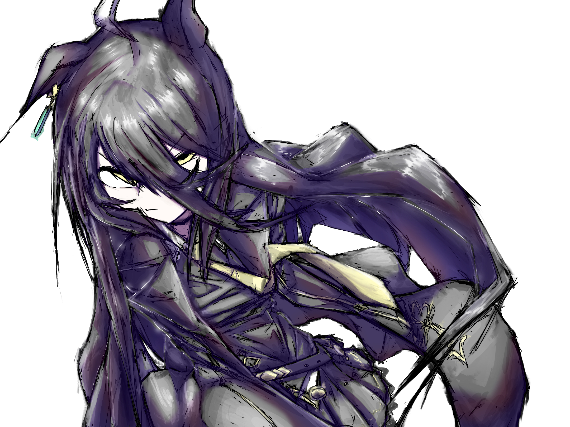 manhattan cafe (creeping black) (umamusume), manhattan cafe (umamusume), umamusume, highres, 1girl, animal ears, belt, black belt, black coat, black hair, black vest, closed mouth, coat, collared shirt, concentrating, cyon, ear ornament, ear tag, earrings, furrowed brow, hair between eyes, hem peeking out, horse ears, horse girl, jewelry, long bangs, long hair, long hair between eyes, looking at viewer, multicolored hair, necktie, open clothes, open coat, shirt, simple background, single ear down, single earring, solo, very long hair, vest, white background, white hair, white shirt, yellow eyes, yellow necktie