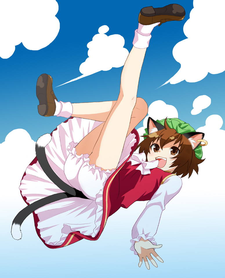 mattaku mousuke, chen, touhou, bad id, bad pixiv id, 1girl, animal ears, bloomers, brown eyes, brown hair, cat ears, cat girl, cat tail, cloud, day, dress, earrings, female focus, full body, gradient background, hat, jewelry, legs, multiple tails, open mouth, outdoors, short hair, sky, solo, tail, underwear, white background