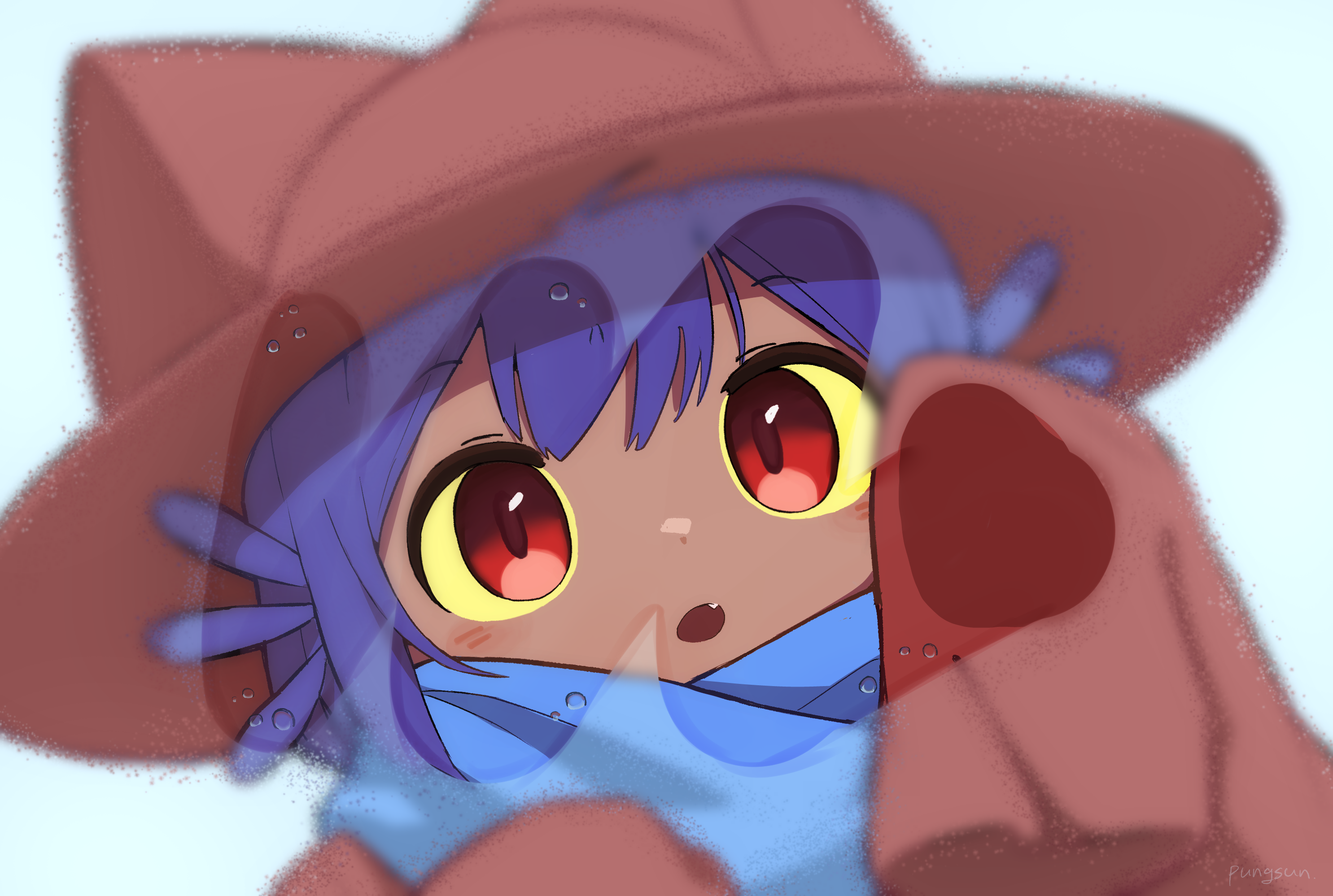 pungsun, niko (oneshot), oneshot (game), commentary, english commentary, highres, 1other, animal ear headwear, blue scarf, colored sclera, condensation, dark skin, fake animal ears, fang, hat, looking at viewer, open mouth, other focus, purple hair, red eyes, red hat, scarf, signature, sleeves past fingers, sleeves past wrists, tareme, window fog, yellow sclera