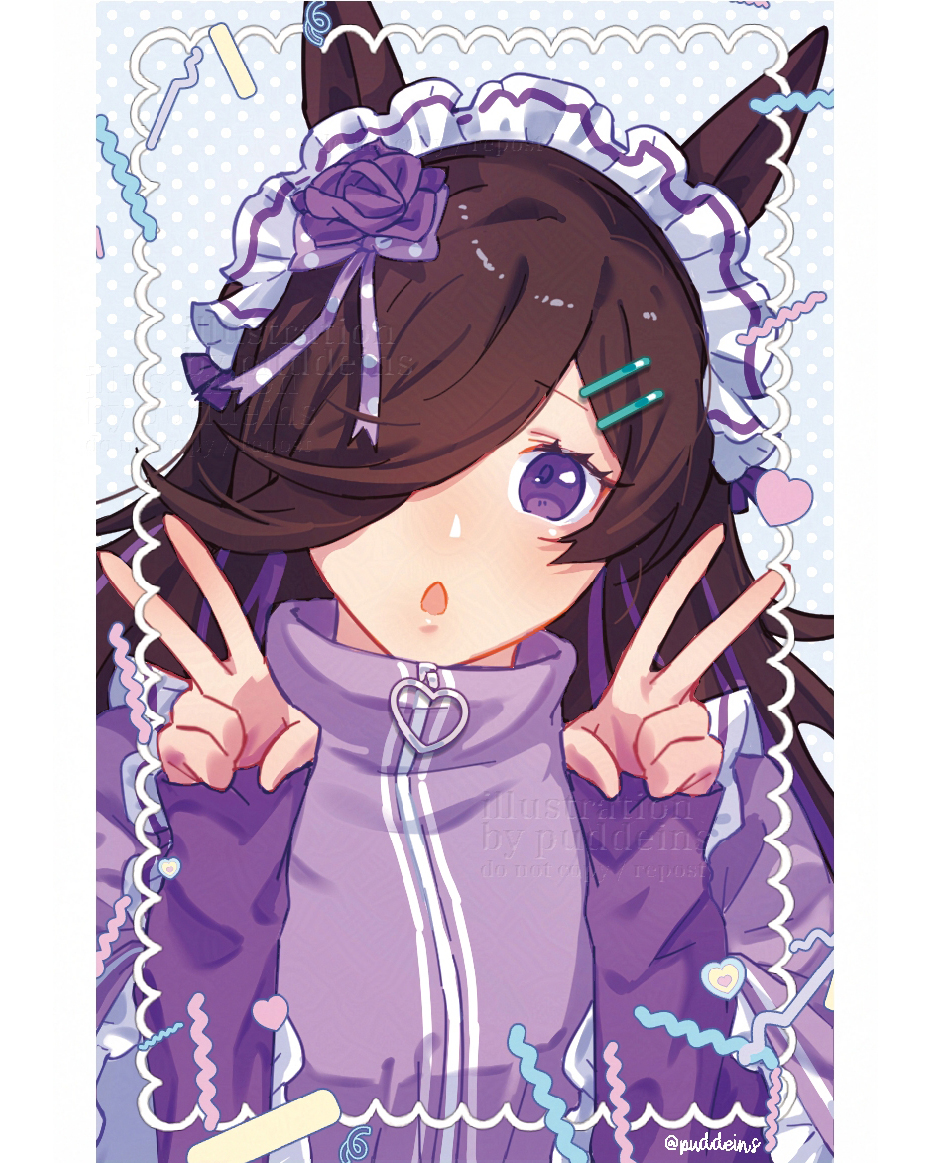 puddeins, rice shower (umamusume), umamusume, umamusume: cinderella gray, 1girl, alternate costume, animal ears, blush, breasts, brown hair, double v, flipped hair, flower, frills, hair over one eye, heart, horse ears, horse girl, jacket, jersey maid, long hair, looking at viewer, maid, maid headdress, open mouth, purple eyes, purple flower, purple jacket, rose, small breasts, solo, track jacket, unconventional maid, upper body, v, white headdress