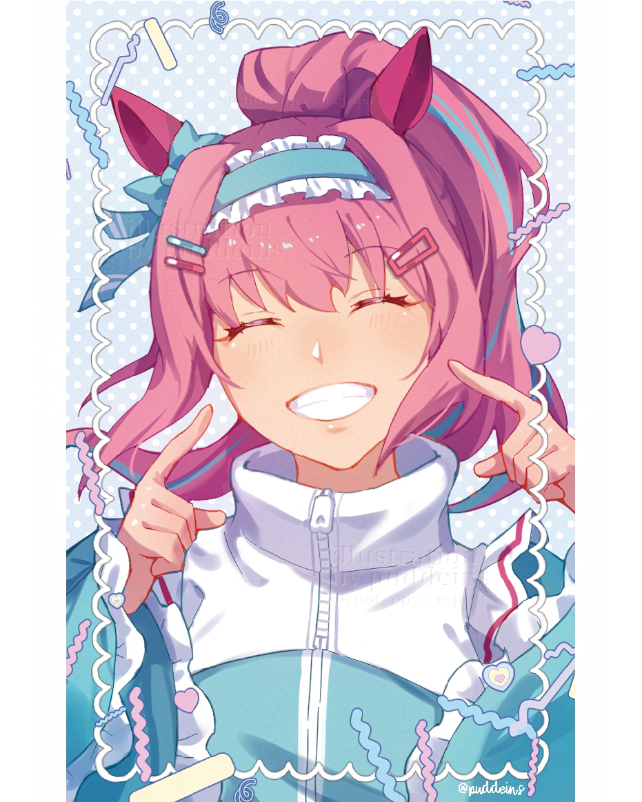 puddeins, haru urara (umamusume), umamusume, umamusume: cinderella gray, 1girl, alternate costume, animal ears, blue headband, blue headdress, blue jacket, blush, bow, closed eyes, ear bow, ear covers, facing viewer, frills, hair ornament, hairband, hairclip, headband, headdress, horse ears, horse girl, jacket, jersey maid, long hair, maid, maid headdress, open mouth, pink hair, ponytail, smile, solo, teeth, track jacket, unconventional maid, upper body