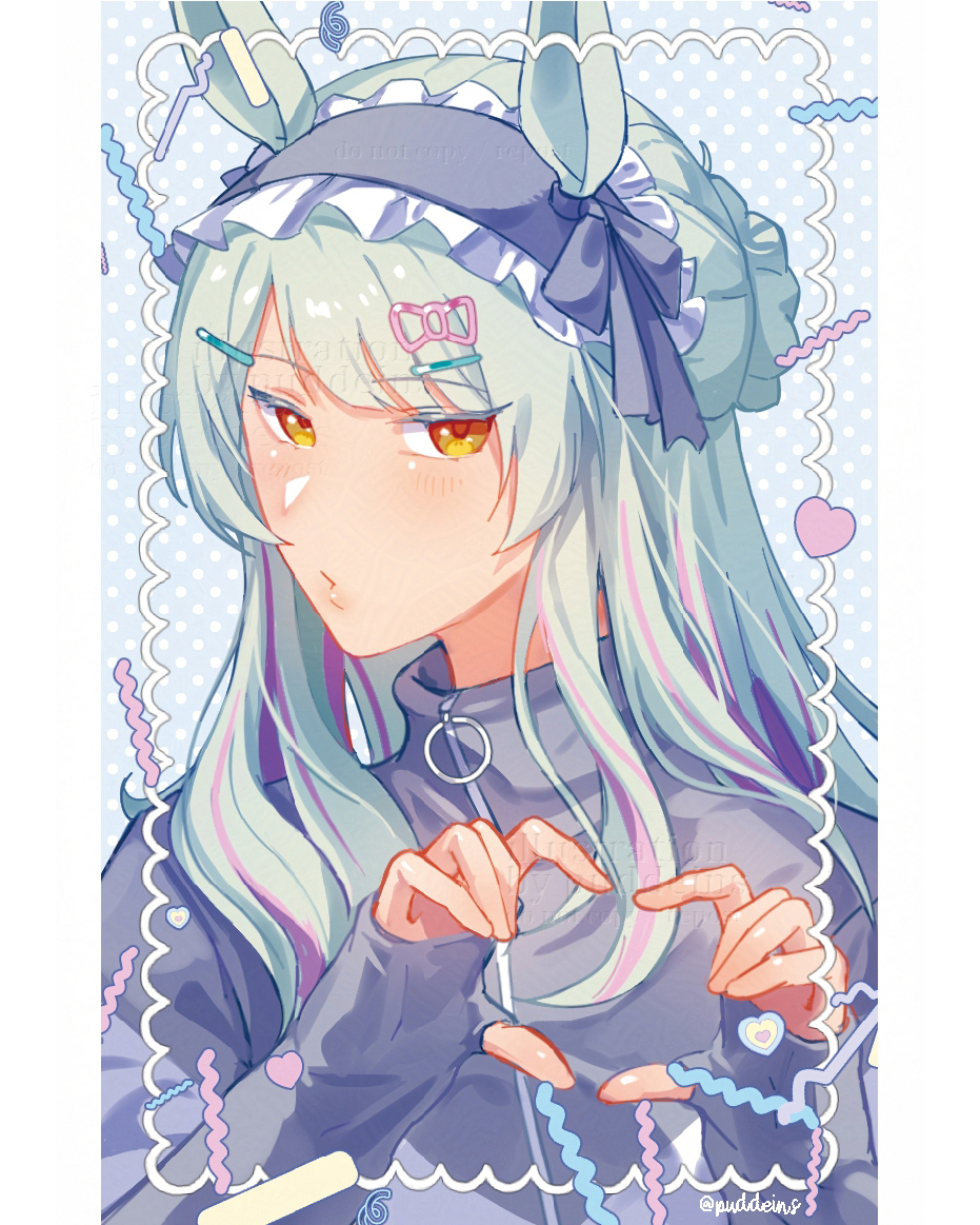 puddeins, fujimasa march (umamusume), umamusume, umamusume: cinderella gray, 1girl, animal ears, blue gloves, blue headdress, blue jacket, blush, closed mouth, fingerless gloves, four-finger heart hands, gloves, grey hair, hair bun, hair ornament, hairclip, heart, heart hands, horse ears, horse girl, jacket, jersey maid, long hair, looking at viewer, maid, maid headdress, multicolored hair, pink hair, solo, streaked hair, track jacket, unconventional maid, upper body, yellow eyes