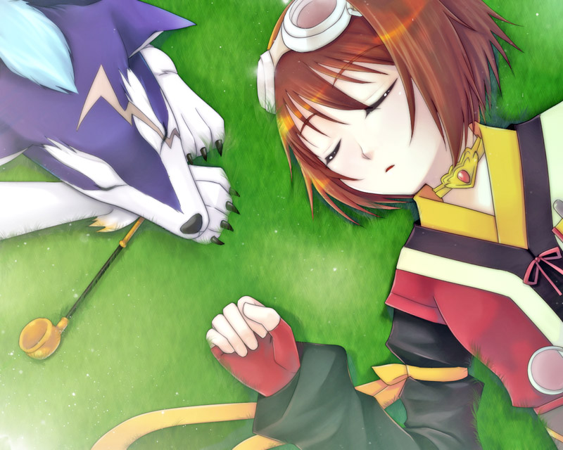 inusaki, repede (tales), rita mordio, tales of (series), tales of vesperia, bad id, bad pixiv id, 00s, 1girl, bob cut, brown hair, choker, closed eyes, dog, goggles, short hair, sleeping