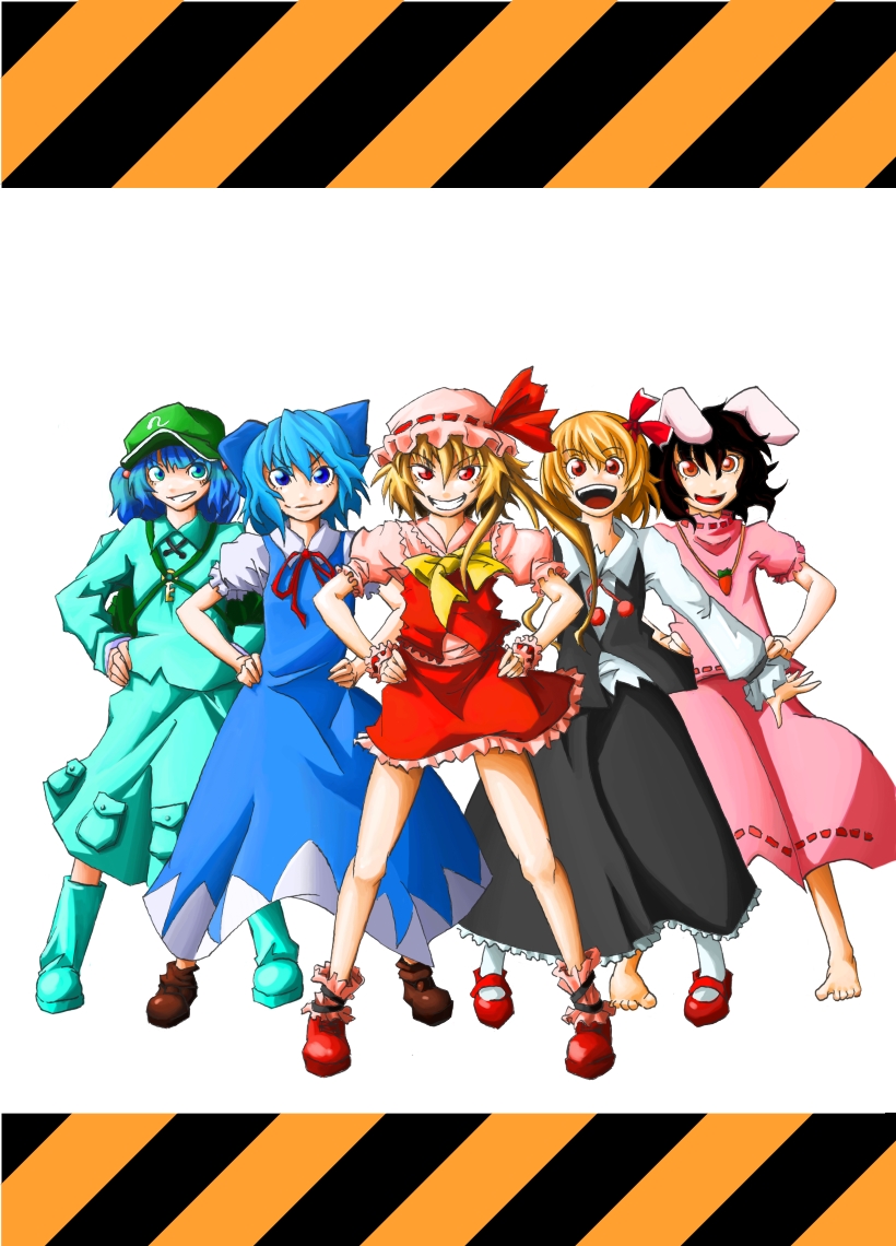 takuzo, cirno, flandre scarlet, inaba tewi, kawashiro nitori, rumia, embodiment of scarlet devil, super sentai, tokusatsu, touhou, bad id, bad pixiv id, >:), >:d, 5girls, :d, animal ears, backpack, bag, barefoot, black hair, blonde hair, blue eyes, blue hair, bow, grin, hair ribbon, hands on own hips, hat, multiple girls, no wings, one side up, open mouth, parody, ponytail, rabbit ears, randoseru, red eyes, ribbon, short hair, side ponytail, smile, two side up, v-shaped eyebrows