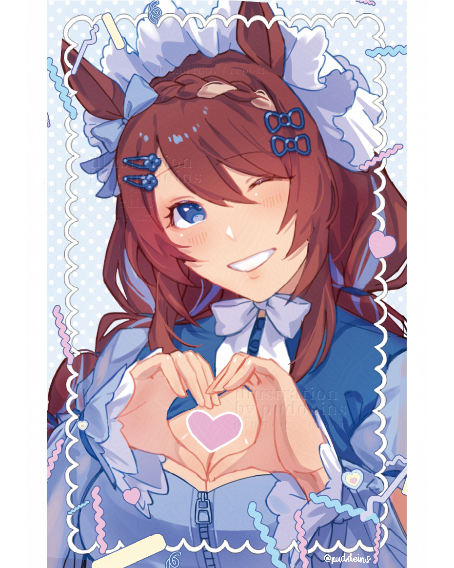 puddeins, super creek (umamusume), umamusume, umamusume: cinderella gray, 1girl, alternate costume, animal ears, blue eyes, blue hair, blue jacket, blush, bow, braid, breasts, brown hair, cleavage, cleavage cutout, clothing cutout, ear bow, hair between eyes, hair ornament, hairclip, heart, heart hands, horse ears, horse girl, jacket, jersey maid, large breasts, long hair, looking at viewer, maid, maid headdress, multicolored hair, one eye closed, open mouth, smile, solo, streaked hair, track jacket, unconventional maid, upper body, very long hair, white bow, white hair, white headdress