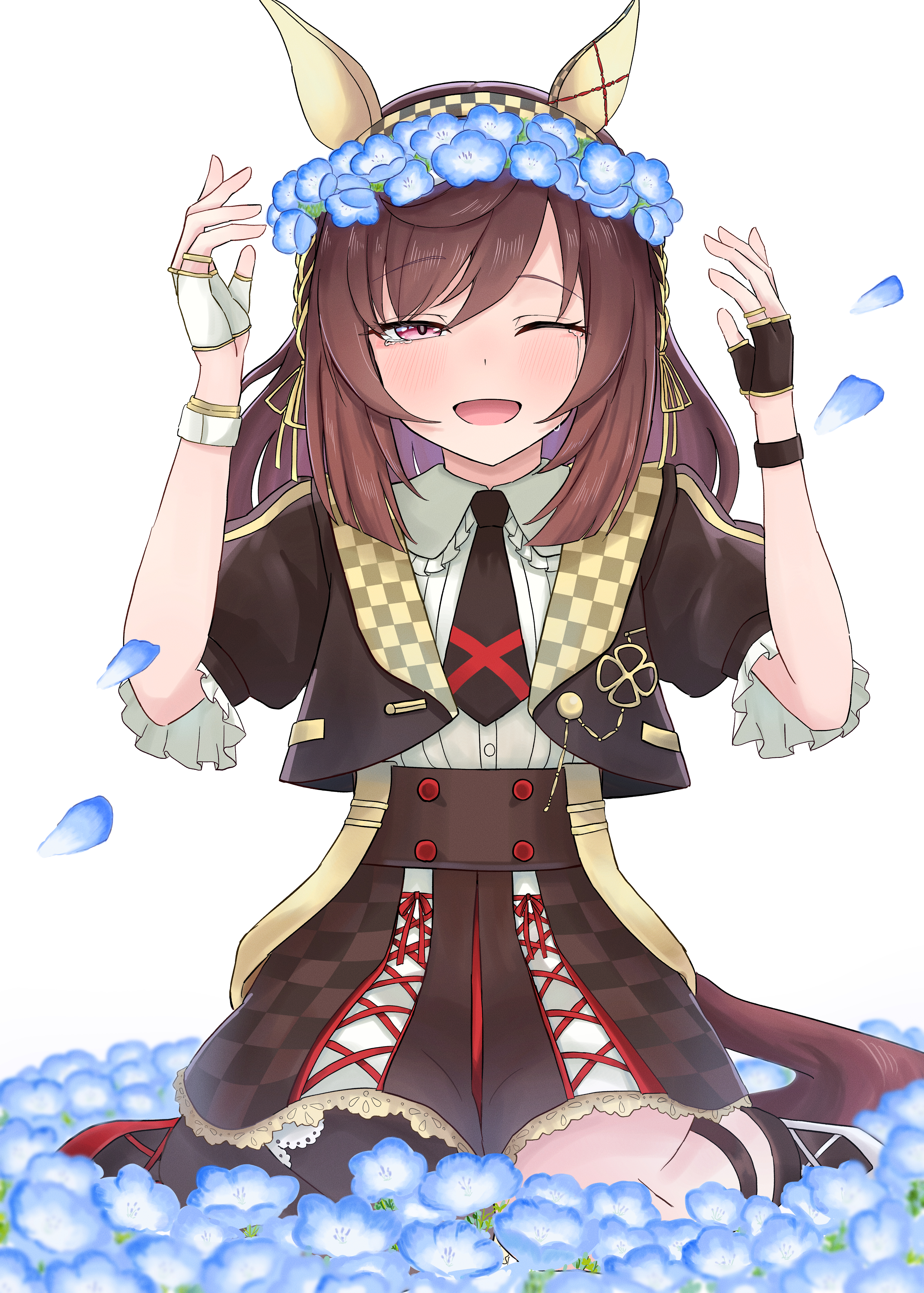 buena vista (heroina inocente) (umamusume), buena vista (umamusume), umamusume, absurdres, highres, 1girl, animal ears, asymmetrical gloves, black jacket, black necktie, black thighhighs, blush, braid, breasts, brown hair, checkered collar, checkered hairband, collared shirt, cropped jacket, ear covers, fingerless gloves, flower, gloves, hair between eyes, hair ornament, hairband, head wreath, headband, horse ears, horse girl, horse tail, jacket, looking at viewer, medium hair, mismatched gloves, necktie, one eye closed, open clothes, open jacket, open mouth, purple eyes, sengoku (pixiv54635452), shirt, shoes, short sleeves, single thighhigh, sitting, skirt, smile, solo, tail, thigh strap, thighhighs, wariza, white shirt